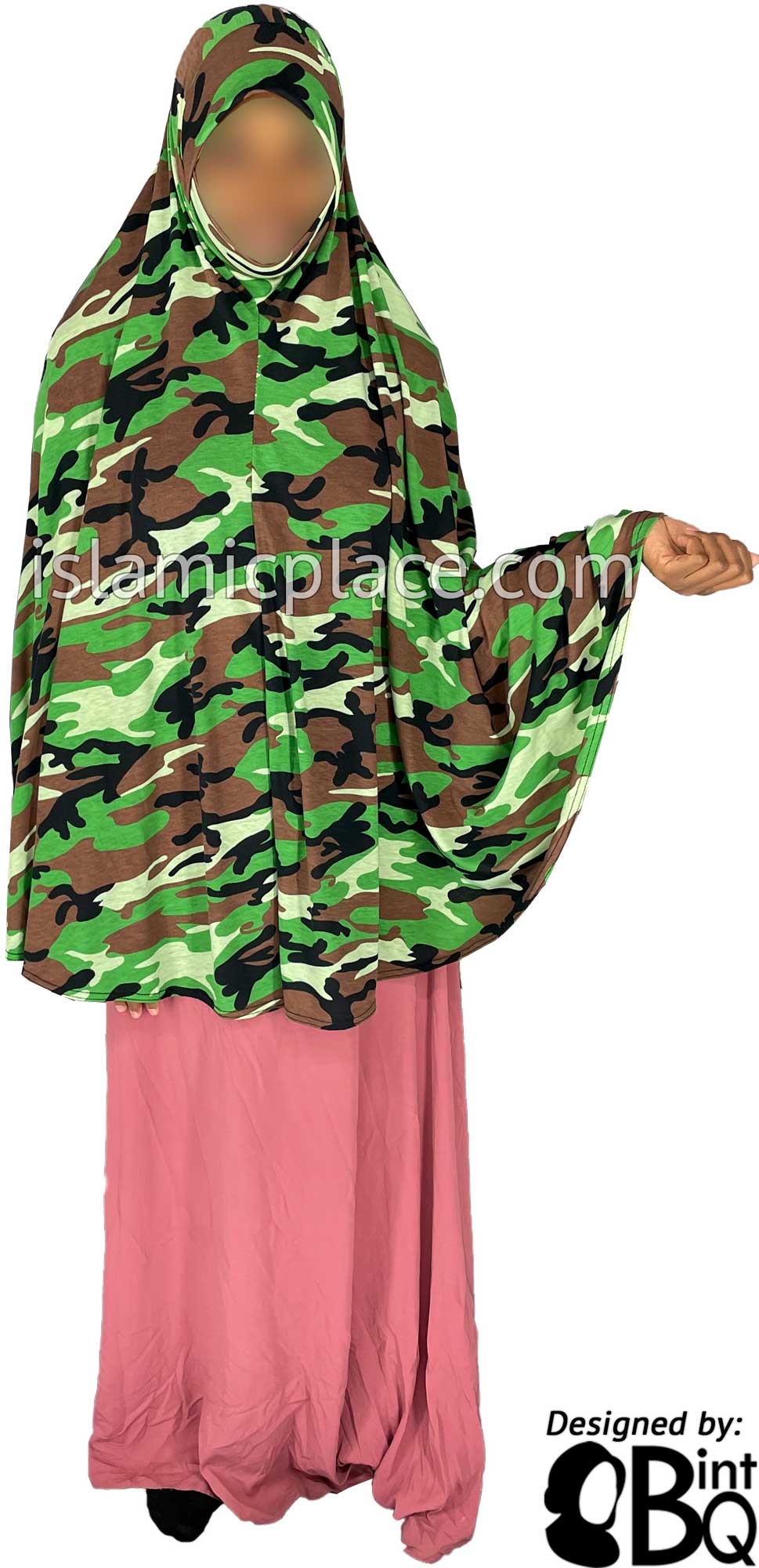 Shades of Green, Brown and Black Cameoflage Design - Printed Overhead Khimar - Extra Long Knee Length