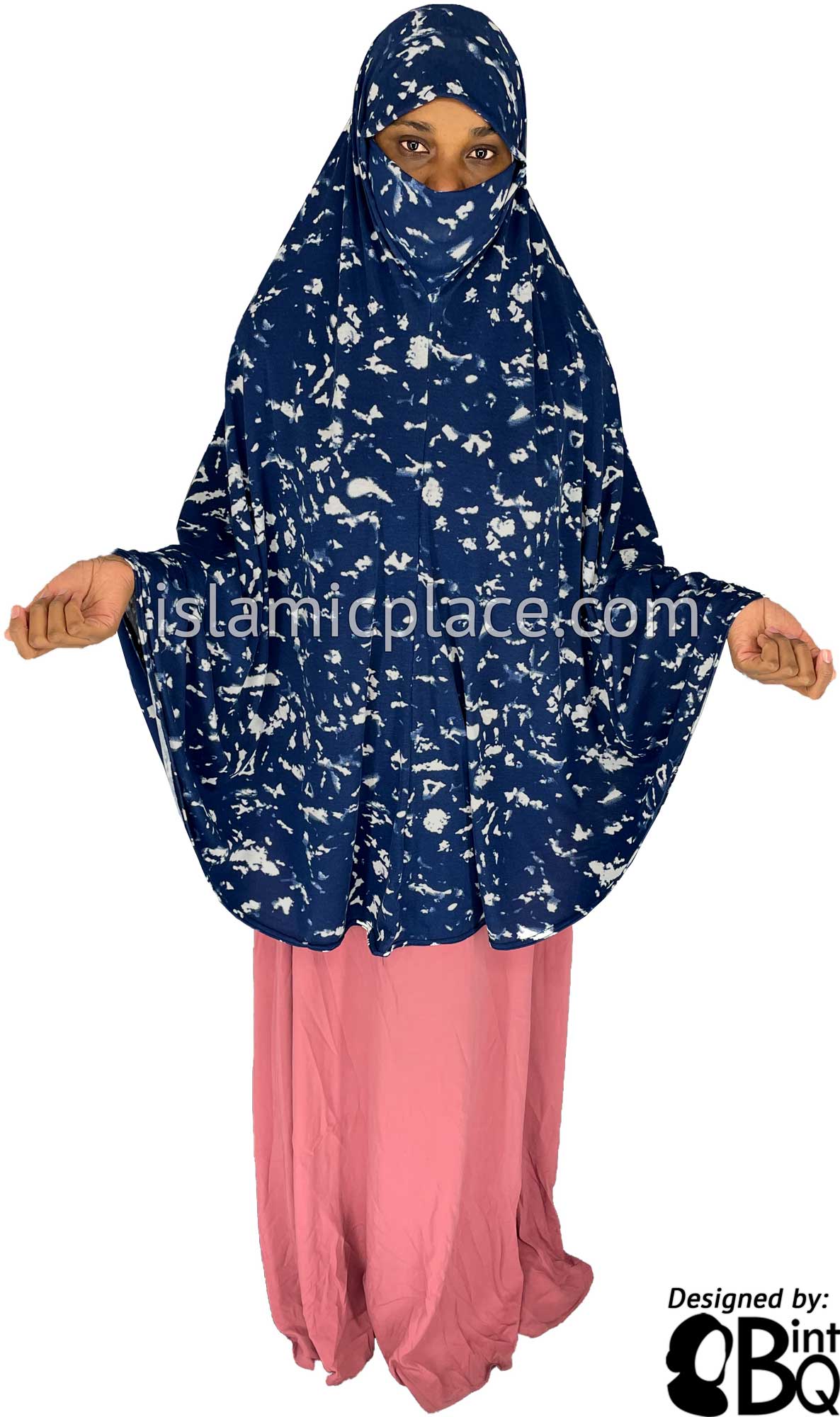 Navy Blue and White Smudges - Printed Overhead Khimar - Extra Long Knee Length