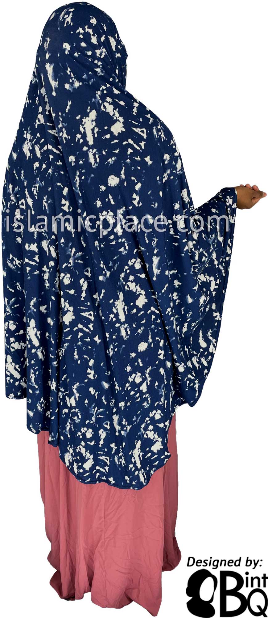 Navy Blue and White Smudges - Printed Overhead Khimar - Extra Long Knee Length