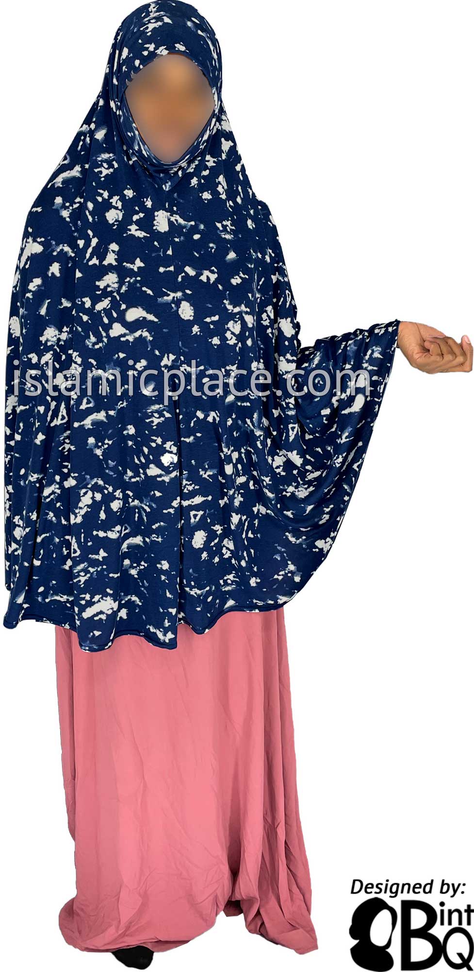 Navy Blue and White Smudges - Printed Overhead Khimar - Extra Long Knee Length
