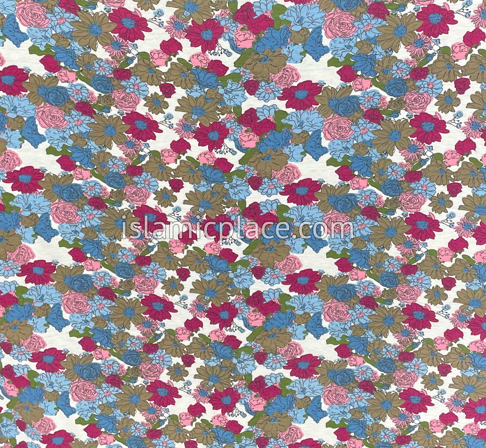 Shades of Pink, Blue, Green and Brown Floral Design on White Base - Print Jersey Shayla Long Rectangle Hijab 30"x70"