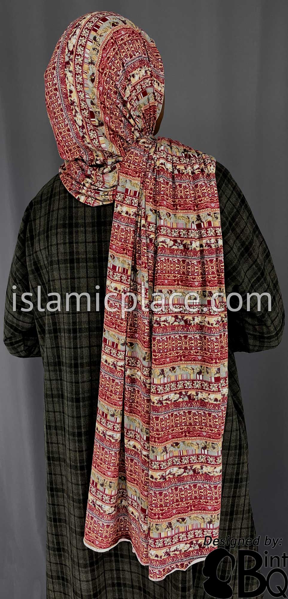 Burgundy, Gray and Tan Multi Pattern - Print Jersey Shayla Long Rectangle Hijab 30&quot;x70&quot;