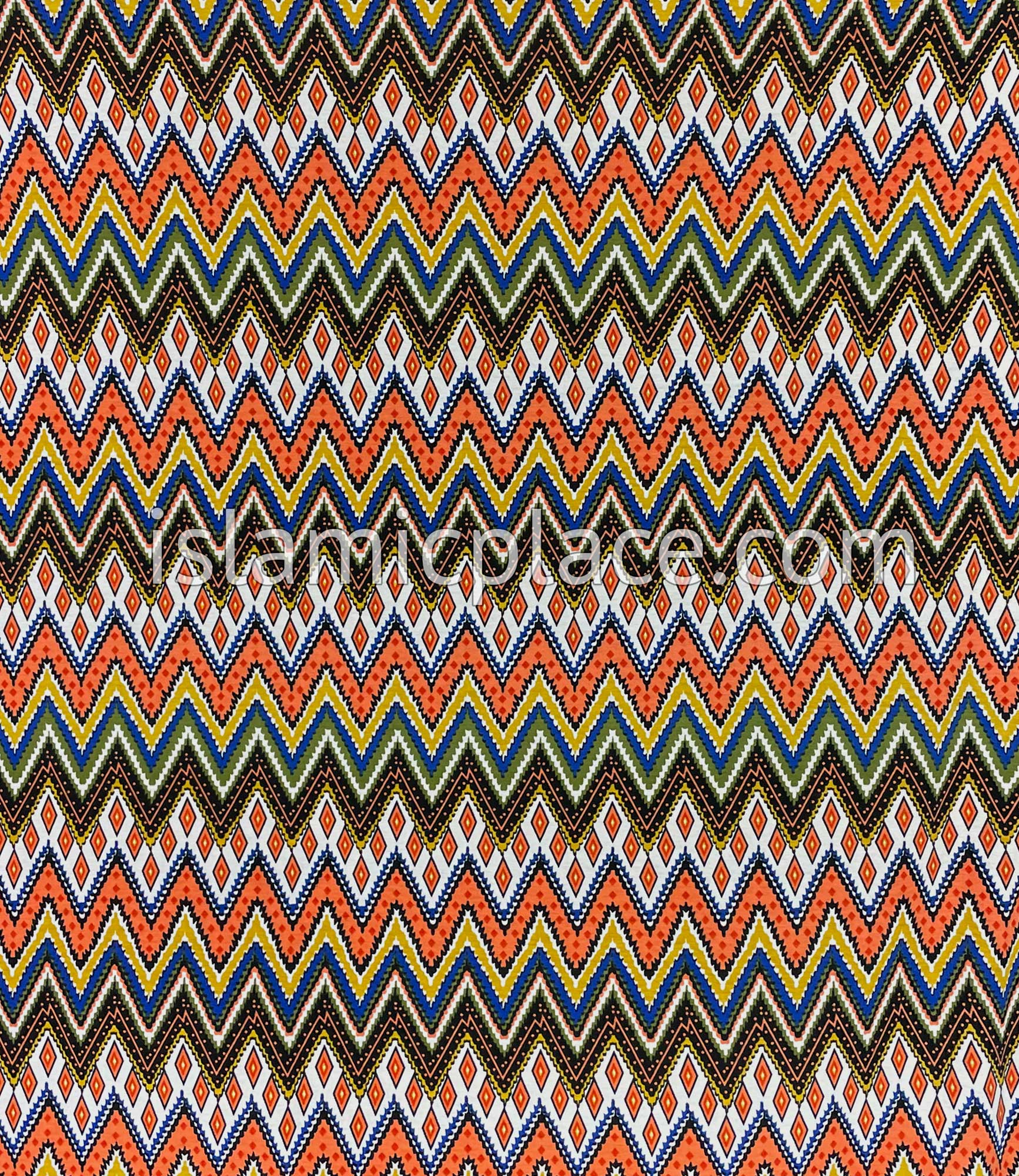 Coral, Olive Green, Blue and Mustard Zigzag Design - Print Jersey Shayla Long Rectangle Hijab 30"x70"