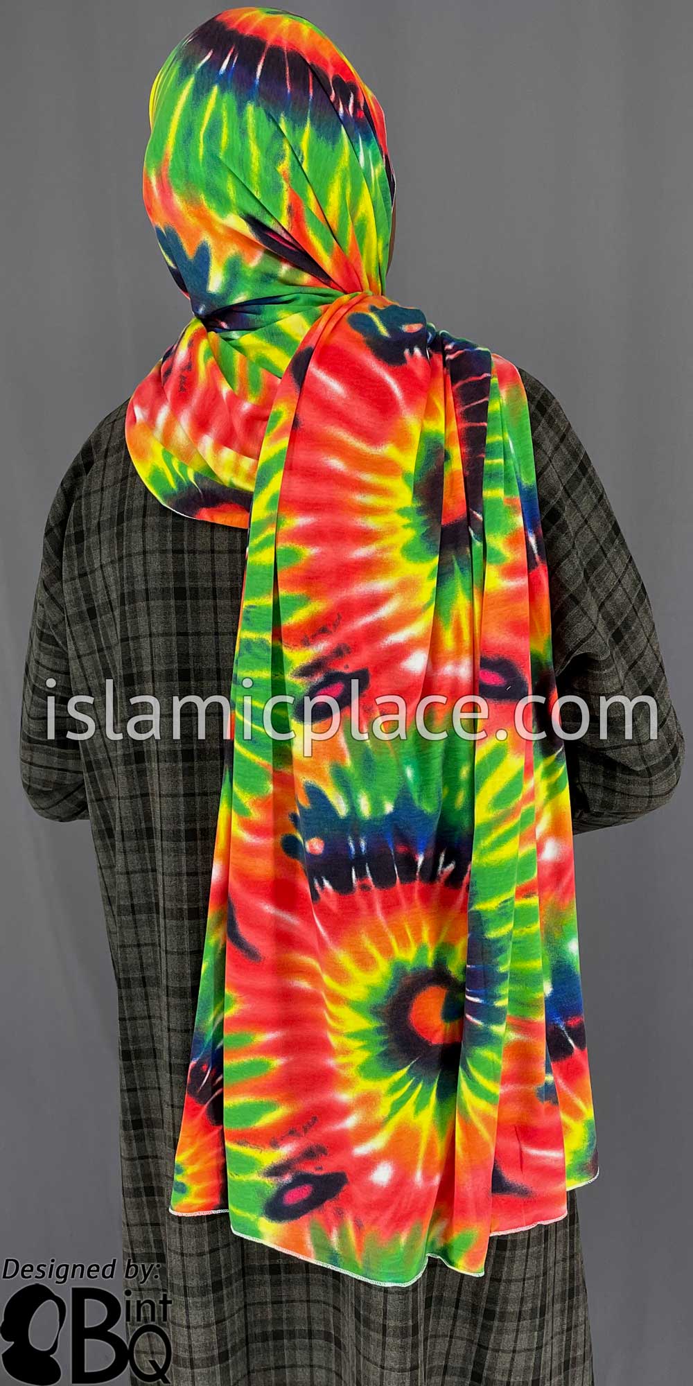 Red, Green and Yellow Sunbust Tie-Dye Design  - Print Jersey Shayla Long Rectangle Hijab 30"x70"