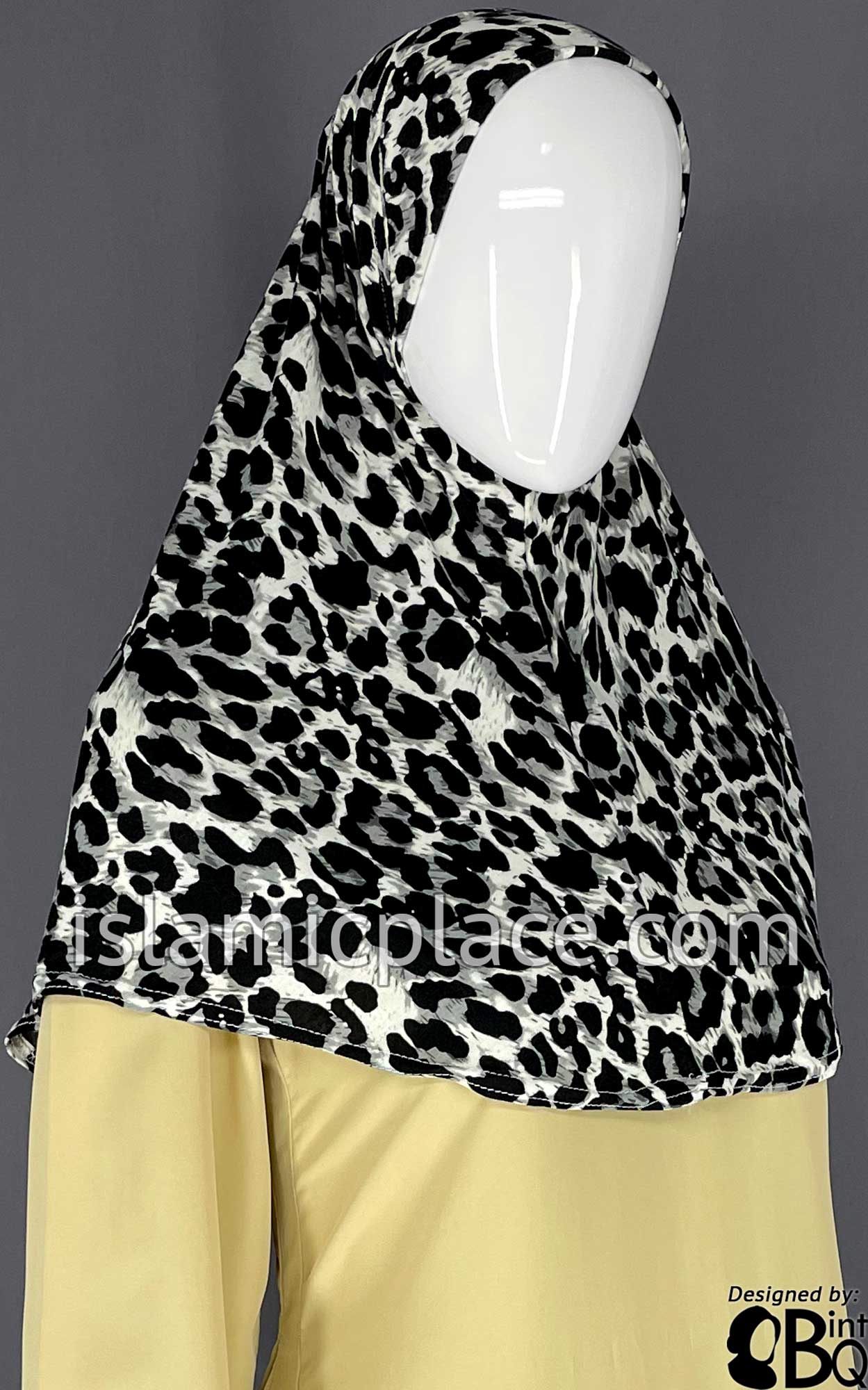 Black and Gray Animal Print on White Base- Printed Teen to Adult (Large) Hijab Al-Amira (1-piece style)