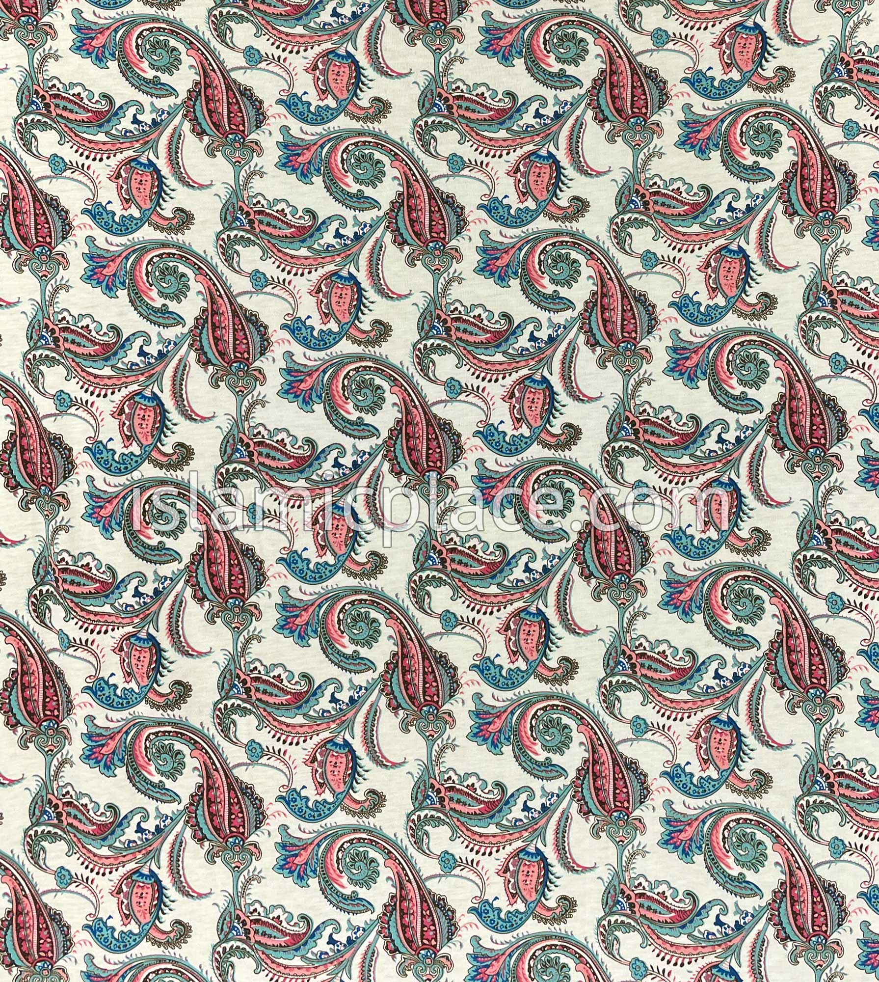 Ocean Green and Pink Paisley on Cream Base- Printed Teen to Adult (Large) Hijab Al-Amira (1-piece style)