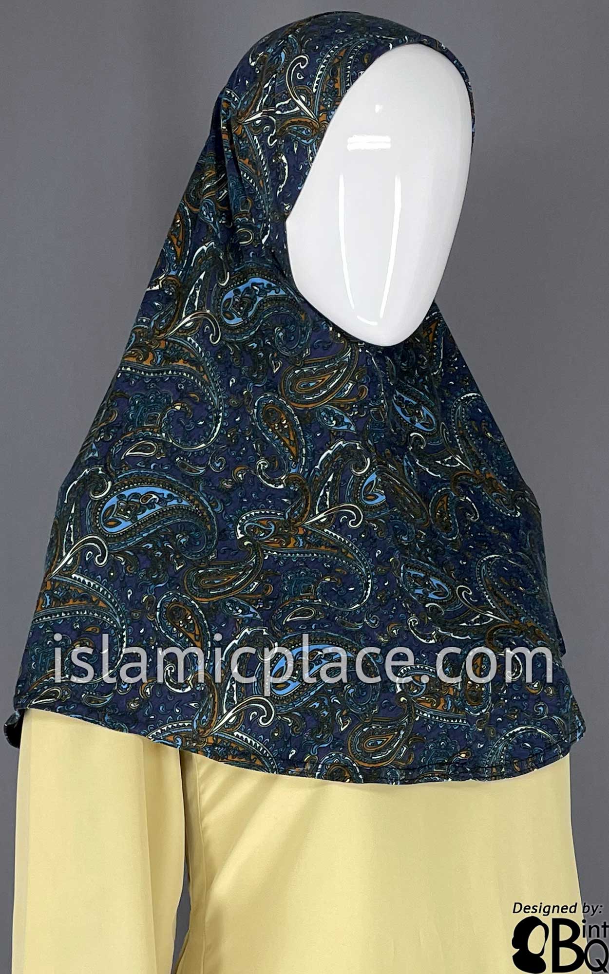 Rust and Blue Paisley on Navy Blue Base- Printed Teen to Adult (Large) Hijab Al-Amira (1-piece style)