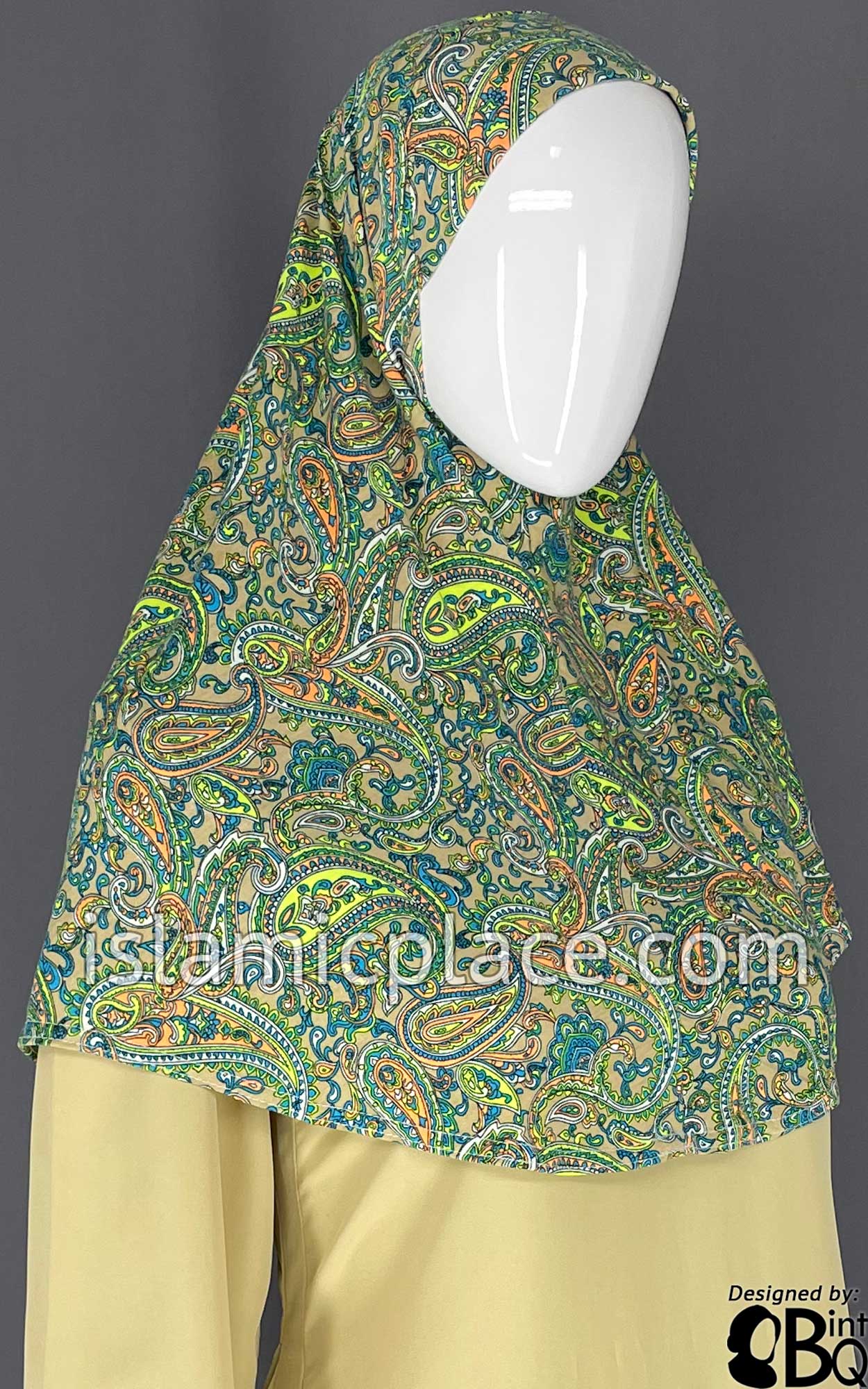 Shades of Green, Blue and Orange Paisley on Oyster Base- Printed Teen to Adult (Large) Hijab Al-Amira (1-piece style)