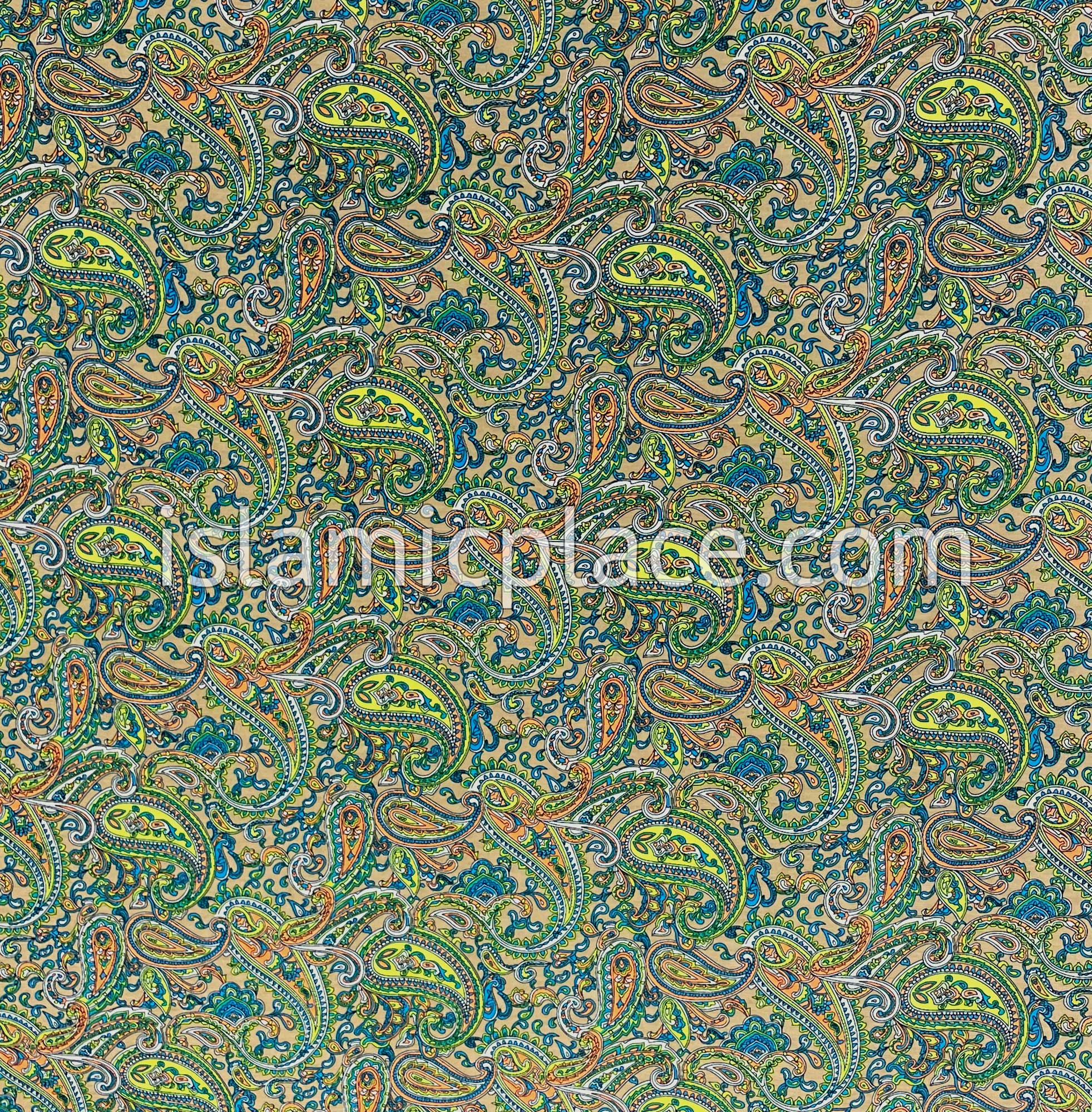 Shades of Green, Blue and Orange Paisley on Oyster Base- Printed Teen to Adult (Large) Hijab Al-Amira (1-piece style)