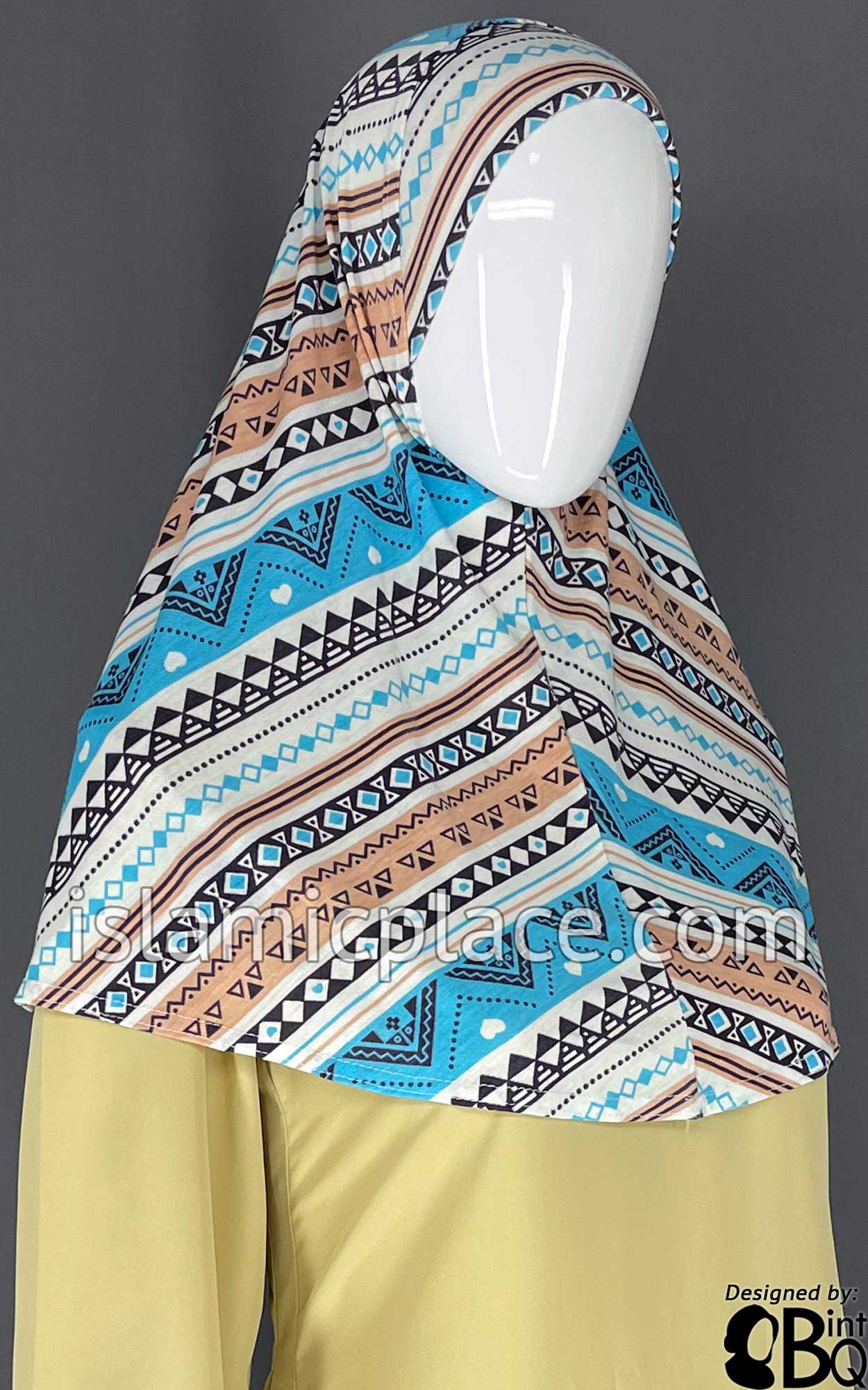 Aqua Blue, Chai and Plum Aztec Pattern- Printed Teen to Adult (Large) Hijab Al-Amira (1-piece style)