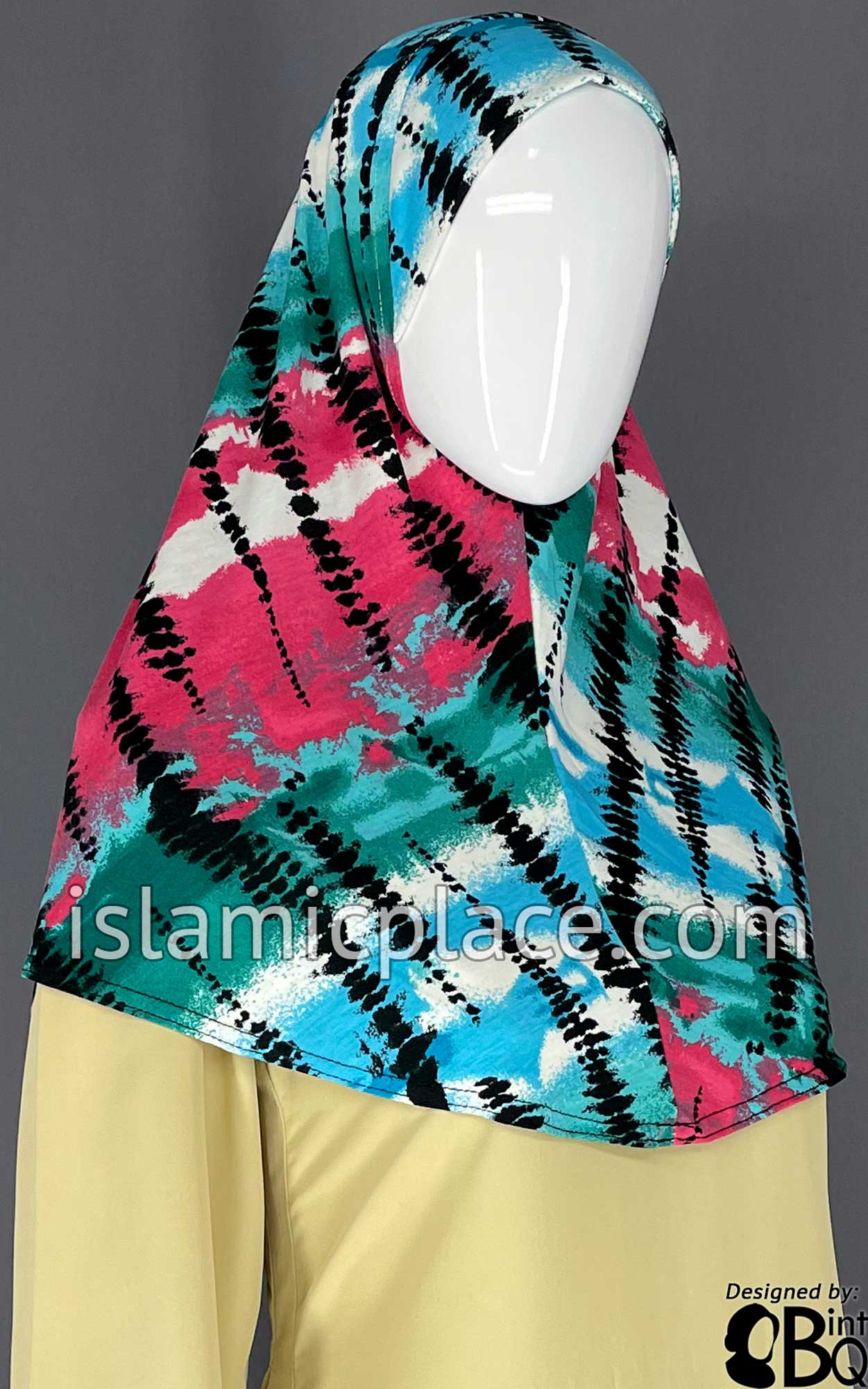 Green, Fuchsia Pink, Blue and Black Tie-Dye Design- Printed Teen to Adult (Large) Hijab Al-Amira (1-piece style)