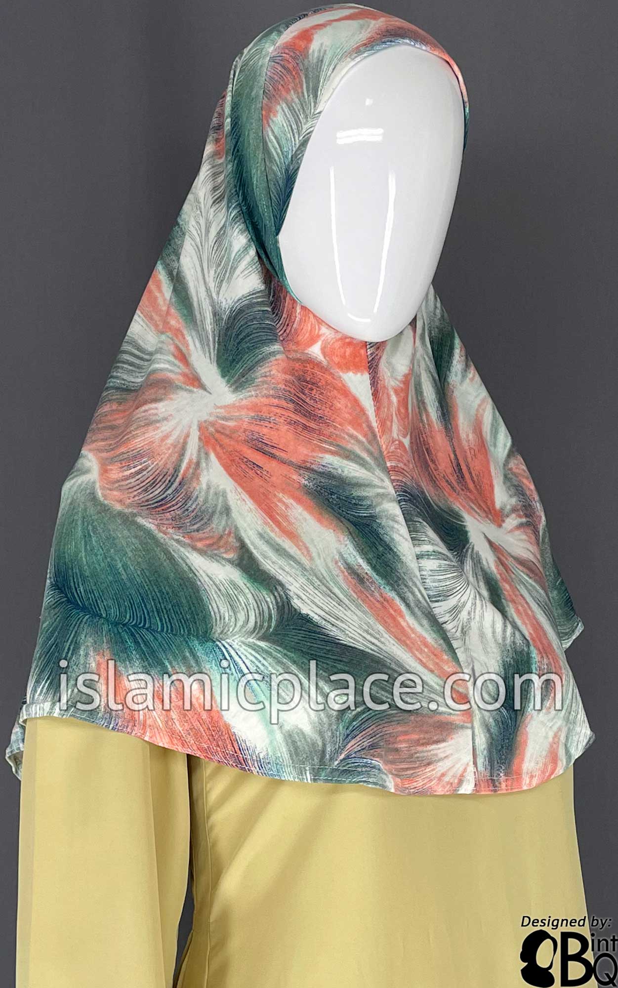 Coral, Ocean Green and Navy Blue Truffula Design- Printed Teen to Adult (Large) Hijab Al-Amira (1-piece style)