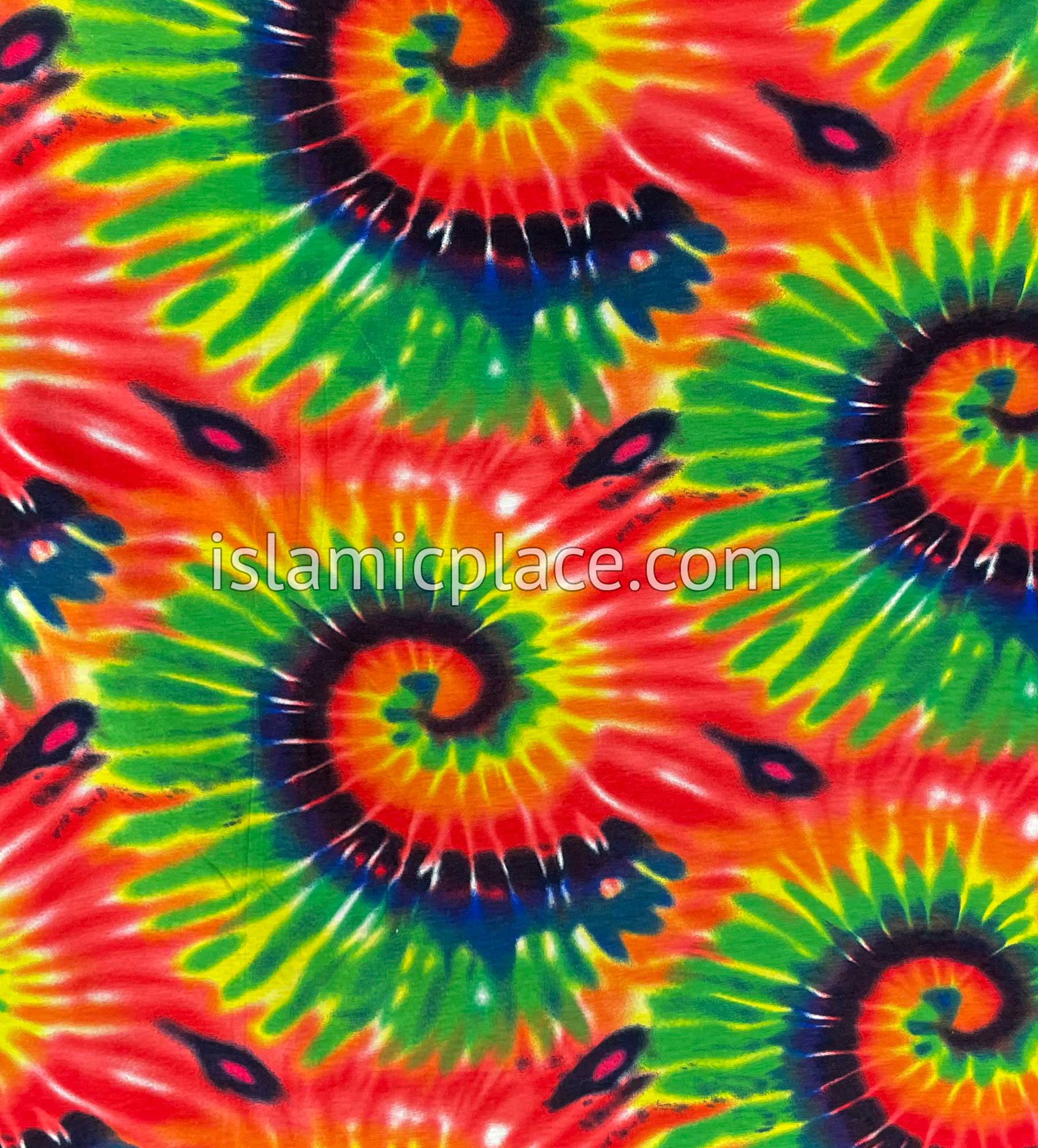 Red, Green and Yellow Sunburst Tie-Dye Design - Printed Teen to Adult (Large) Hijab Al-Amira (1-piece style)