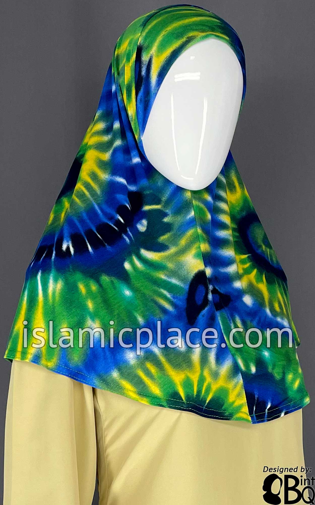 Navy Blue, Green and Yellow Sunburst Tie-Dye Design - Printed Teen to Adult (Large) Hijab Al-Amira (1-piece style)