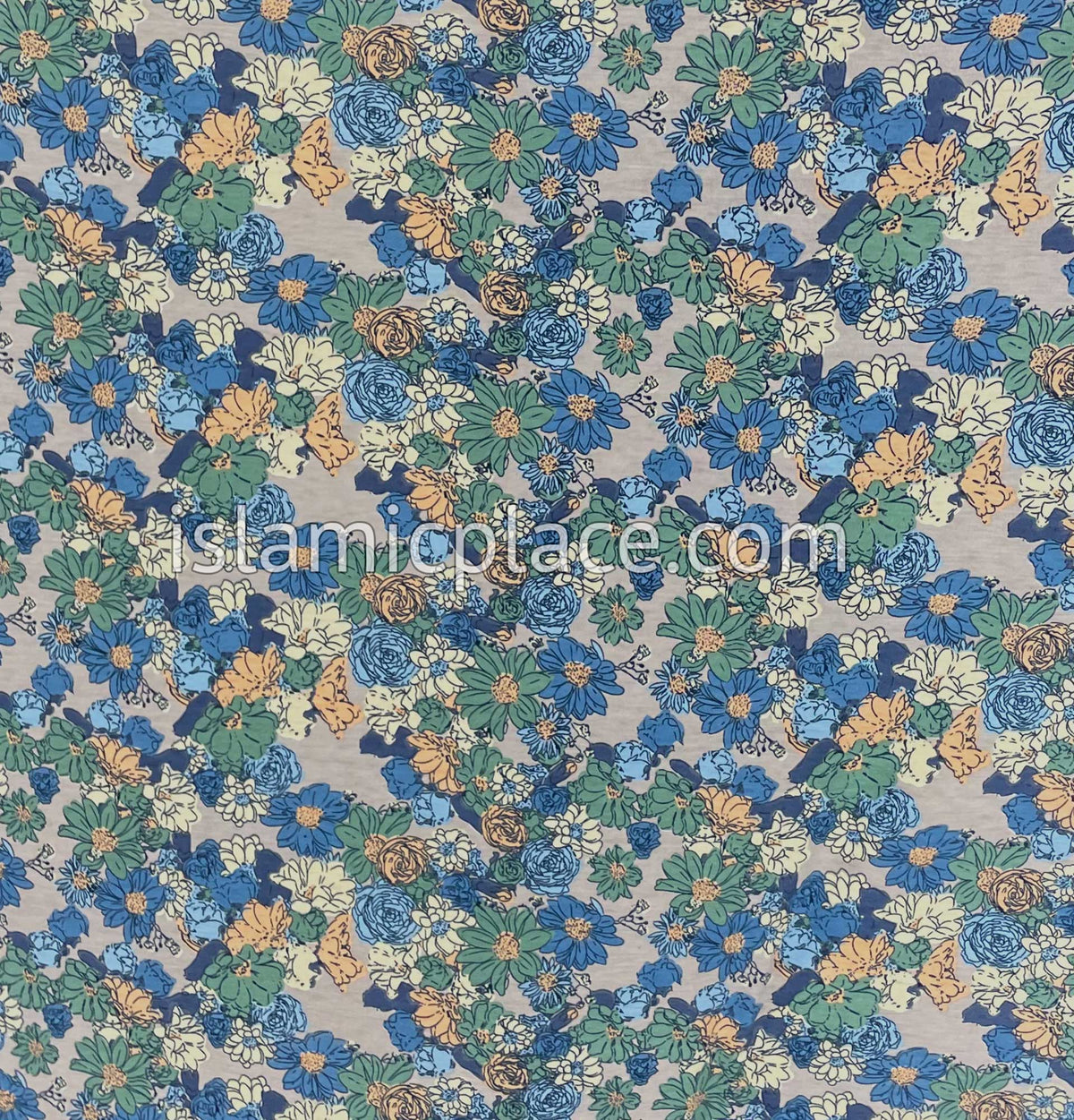 Shades of Blue, Ocean Green, and Yellow Floral Design on Gray Base - Printed Teen to Adult (Large) Hijab Al-Amira (1-piece style)