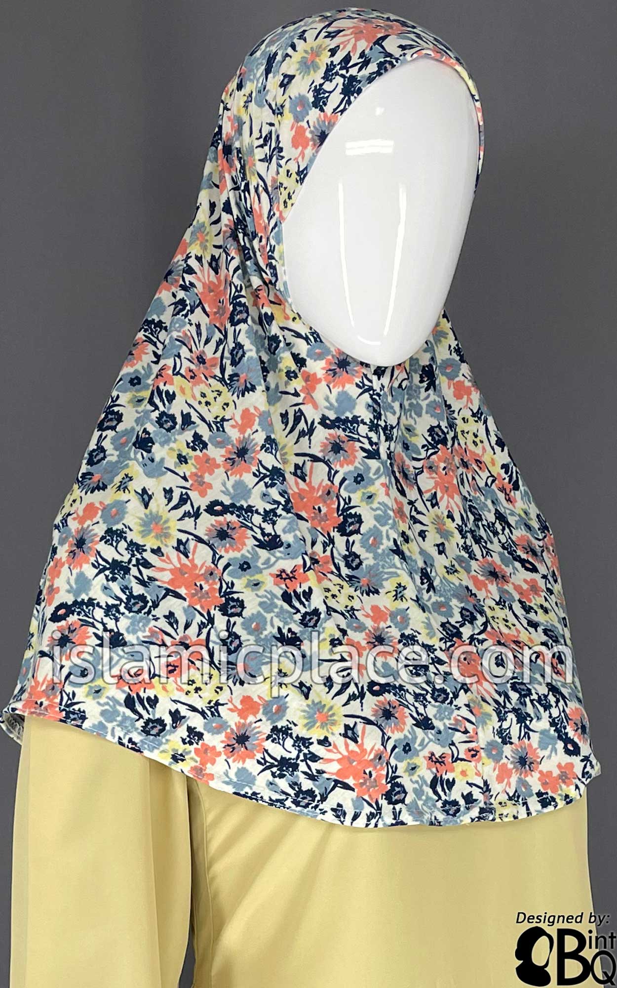 Navy Blue, Coral, and Yellow Floral Design- Printed Teen to Adult (Large) Hijab Al-Amira (1-piece style)