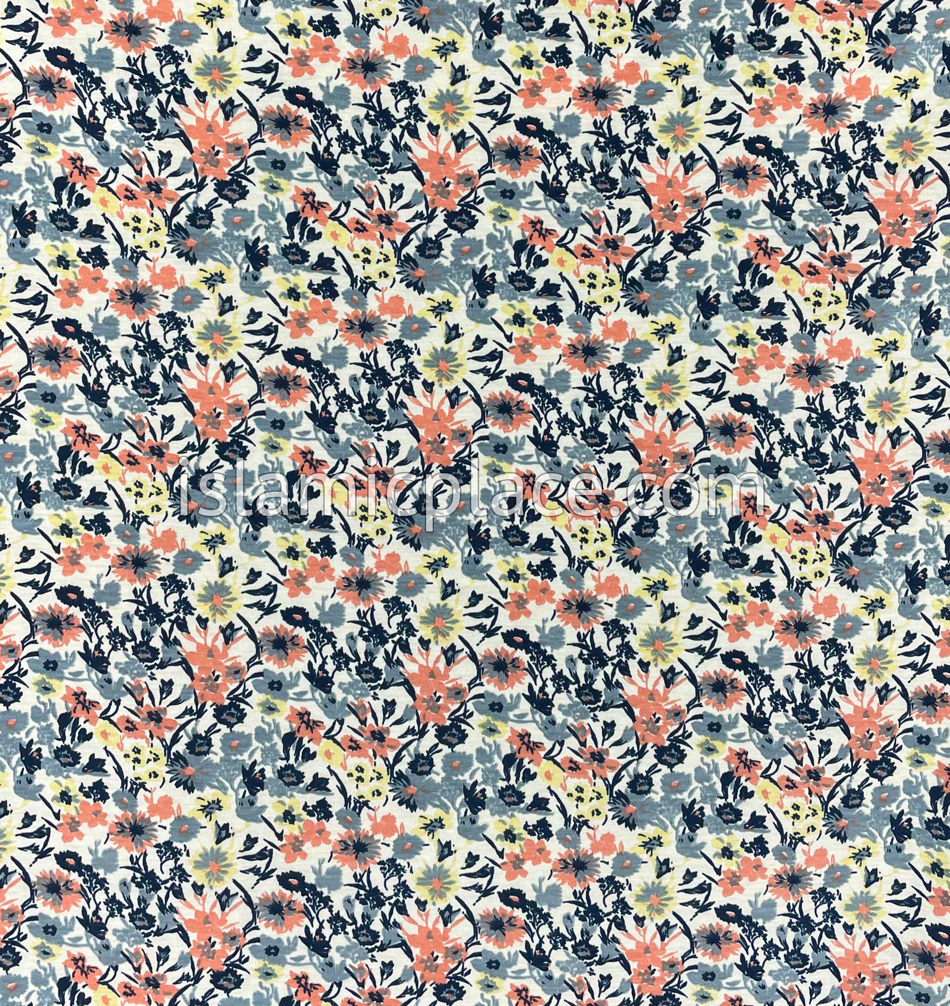 Navy Blue, Coral, and Yellow Floral Design- Printed Teen to Adult (Large) Hijab Al-Amira (1-piece style)