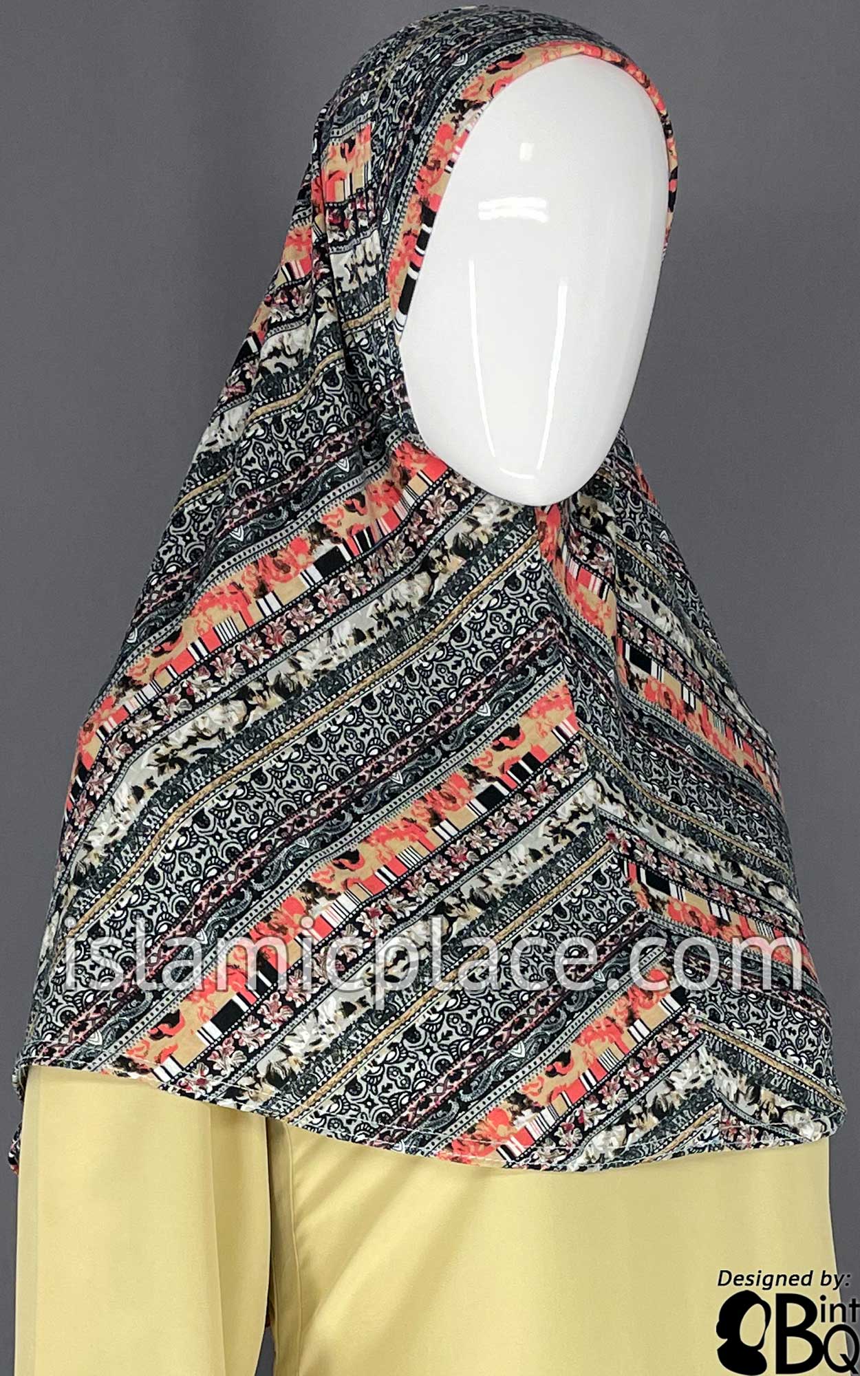 Black, Gray and Coral Multi Pattern - Printed Teen to Adult (Large) Hijab Al-Amira (1-piece style)