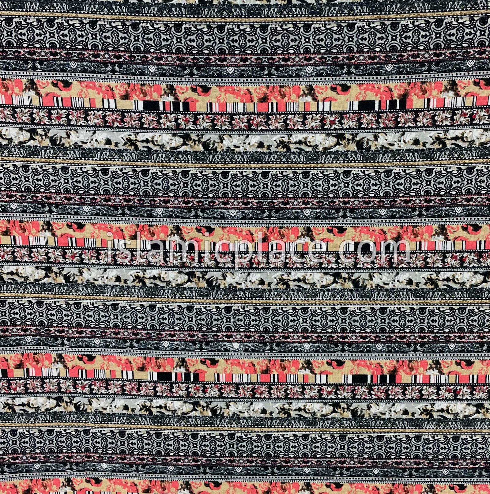 Black, Gray and Coral Multi Pattern - Printed Teen to Adult (Large) Hijab Al-Amira (1-piece style)