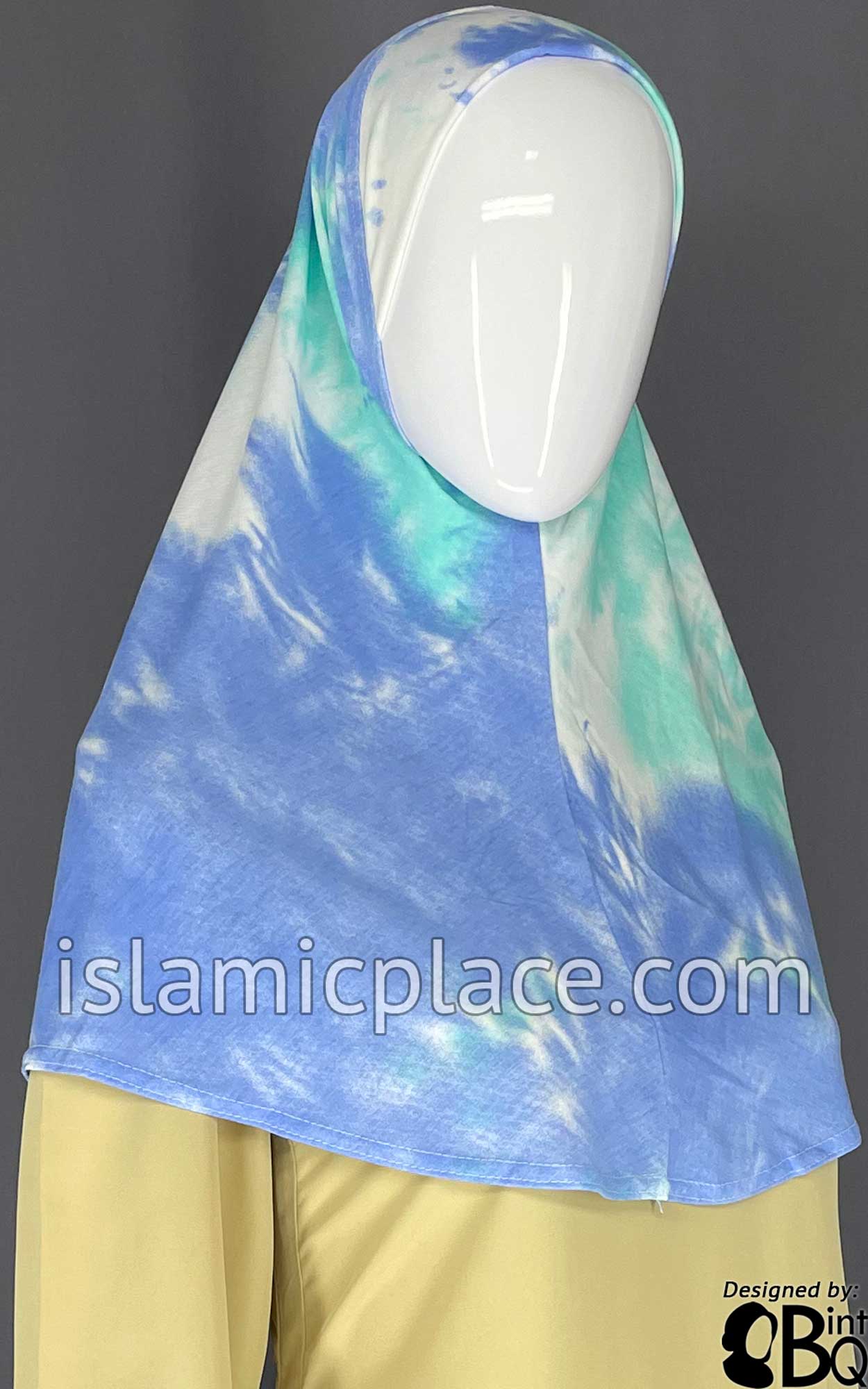 Blue, Ocean Green and White Tie-Dye Design- Printed Teen to Adult (Large) Hijab Al-Amira (1-piece style)