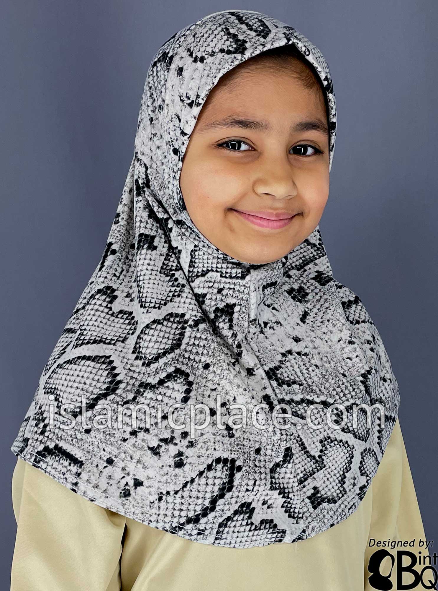 Light Oyster and Black Snakeskin Print - Printed Girl size (1-piece) Hijab Al-Amira