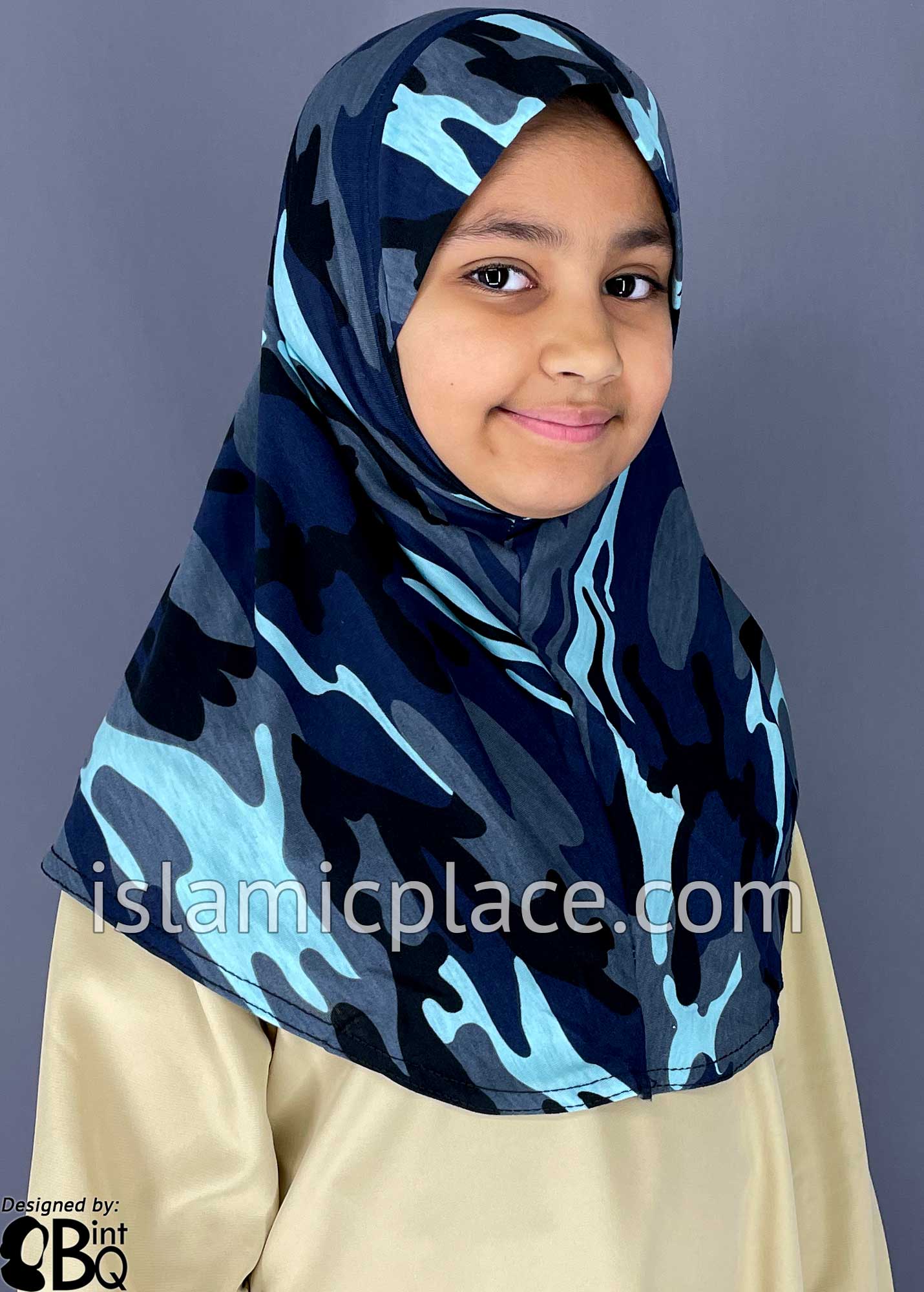 Navy Blue, Charcoal Gray and Baby Blue Camouflage Design - Printed Girl size (1-piece) Hijab Al-Amira