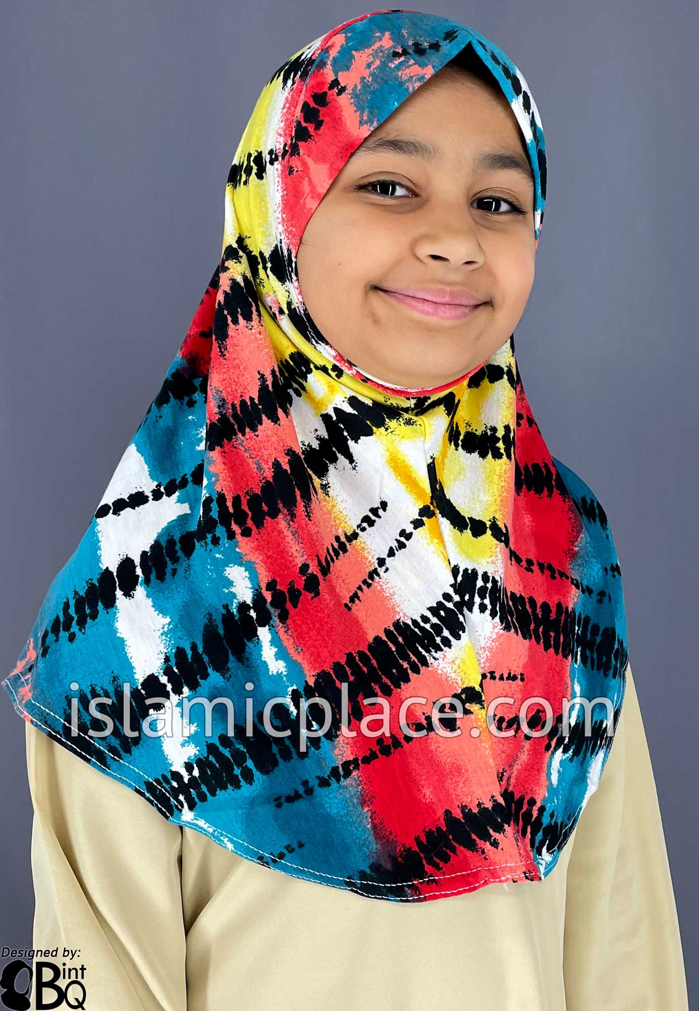 Teal Blue, Red, Yellow and Black Tie-Dye Design - Printed Girl size (1-piece) Hijab Al-Amira