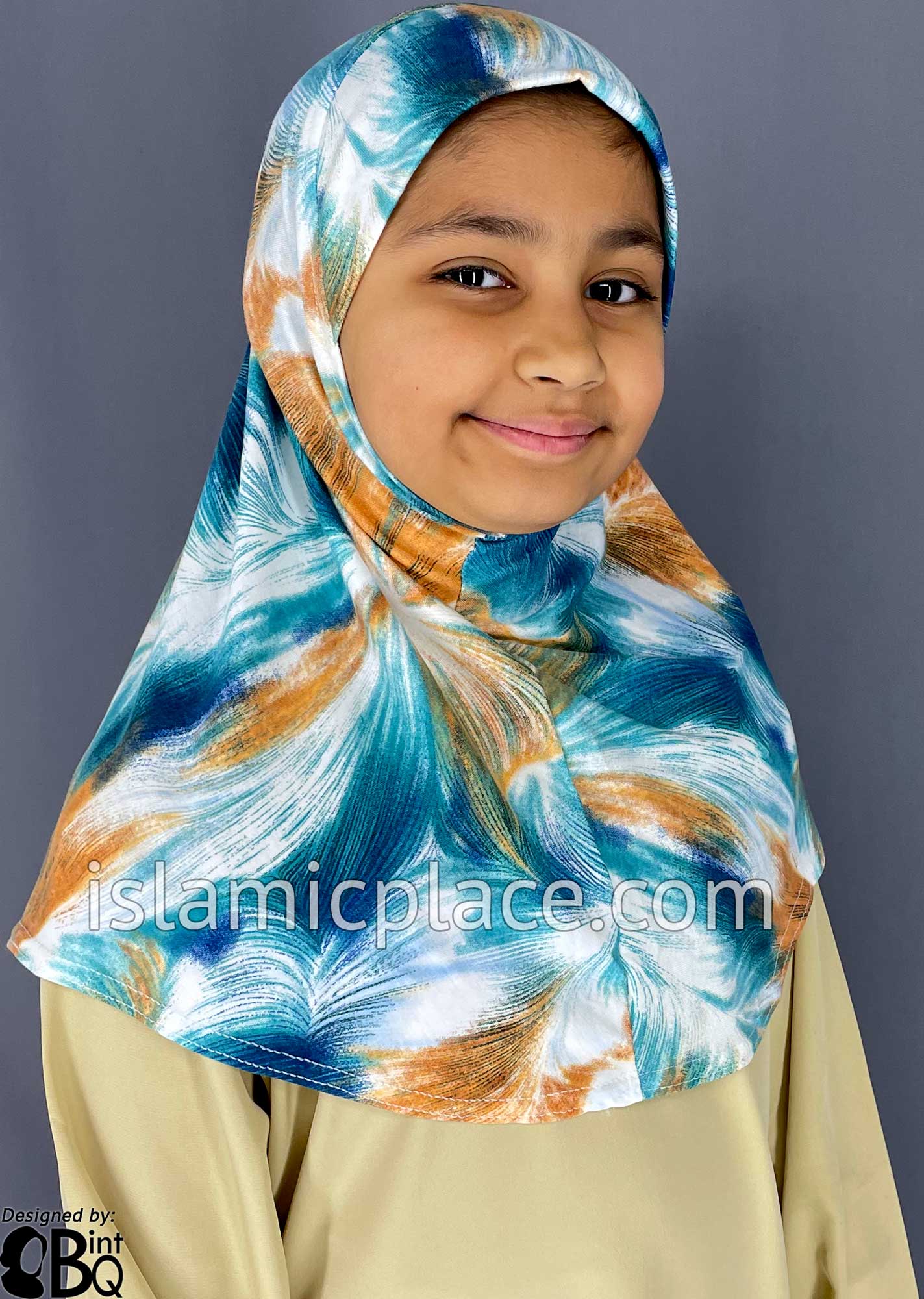 Teal Blue, Rust and White Truffula Design - Printed Girl size (1-piece) Hijab Al-Amira