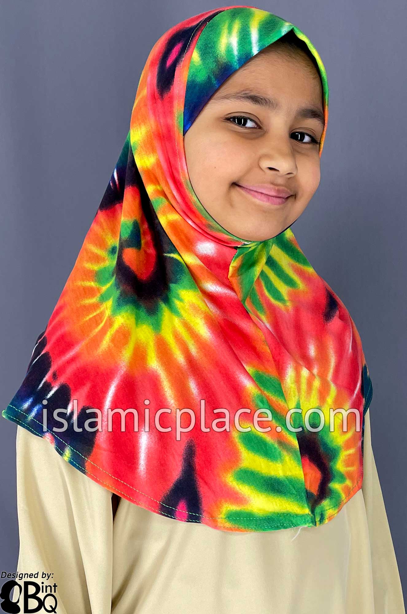 Red, Green and Yellow Sunburst Tie-Dye Design - Printed Girl size (1-piece) Hijab Al-Amira