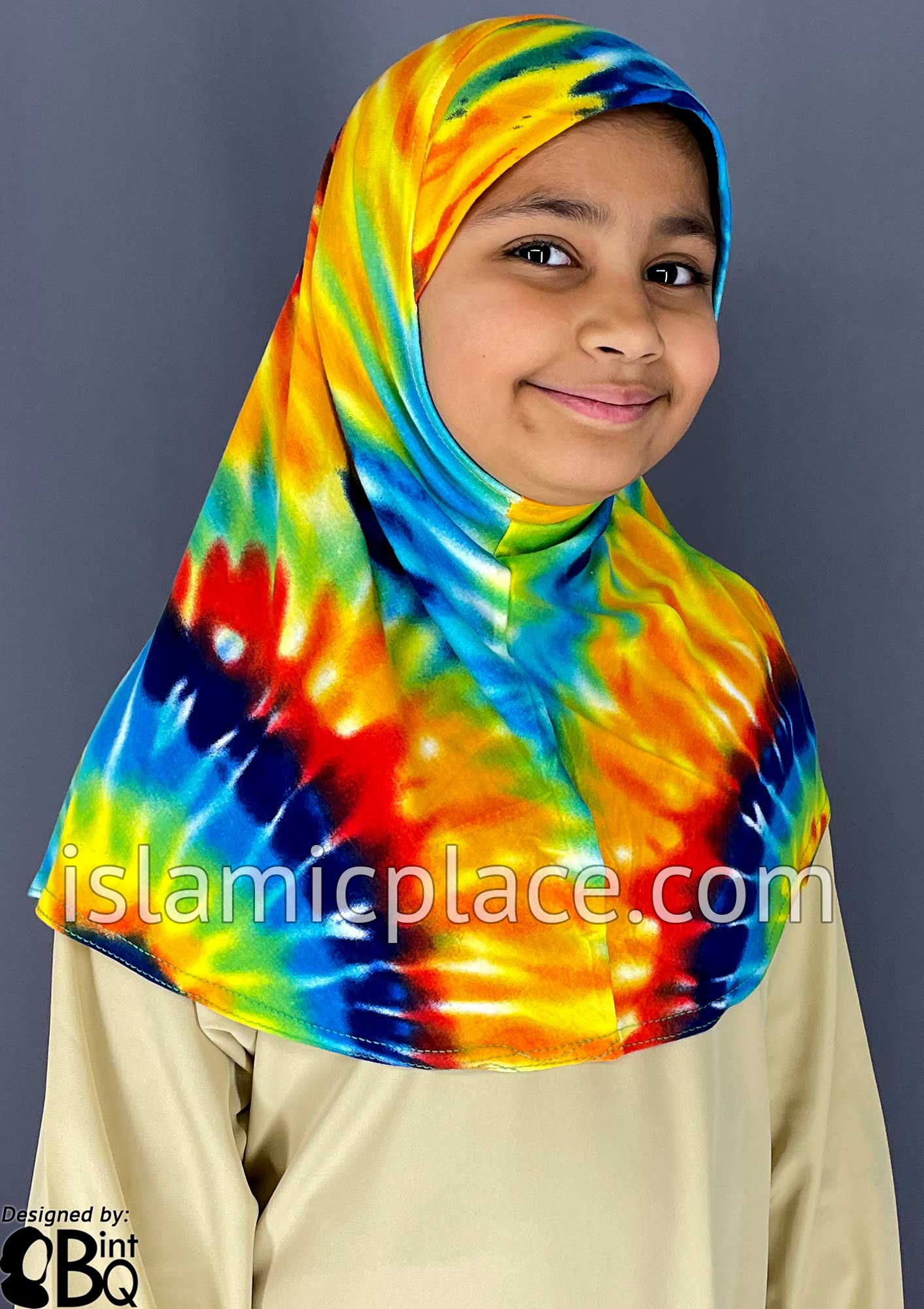 Shades of Blue, Green, Yellow and Red Sunburst Tie-Dye Design - Printed Girl size (1-piece) Hijab Al-Amira