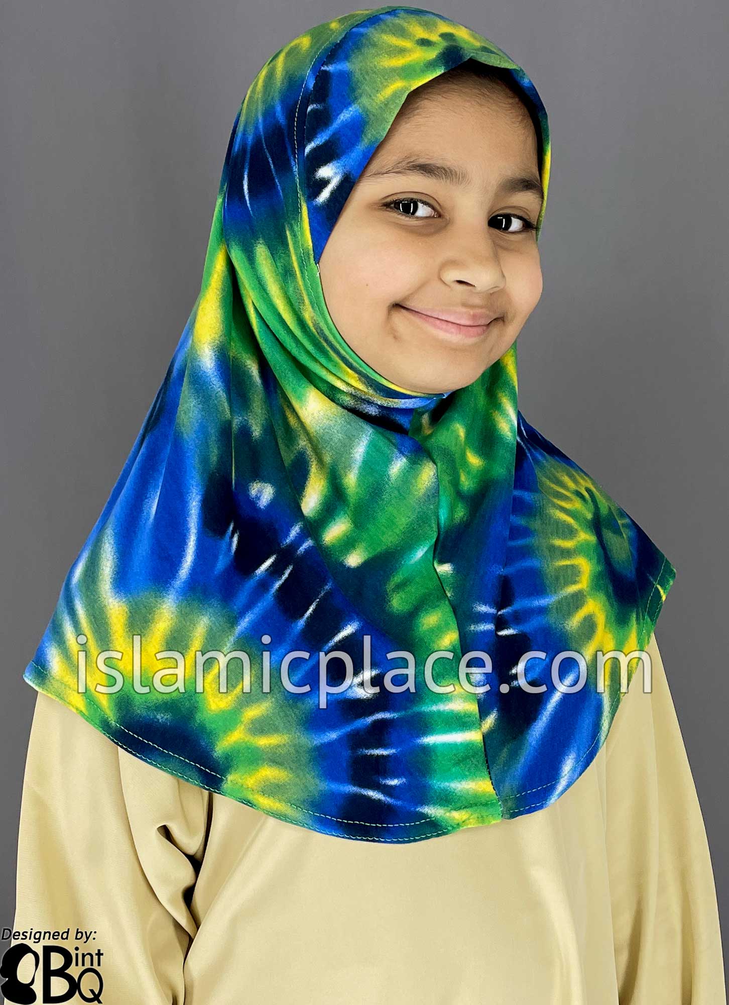 Navy Blue, Green and Yellow Sunburst Tie-Dye Design - Printed Girl size (1-piece) Hijab Al-Amira