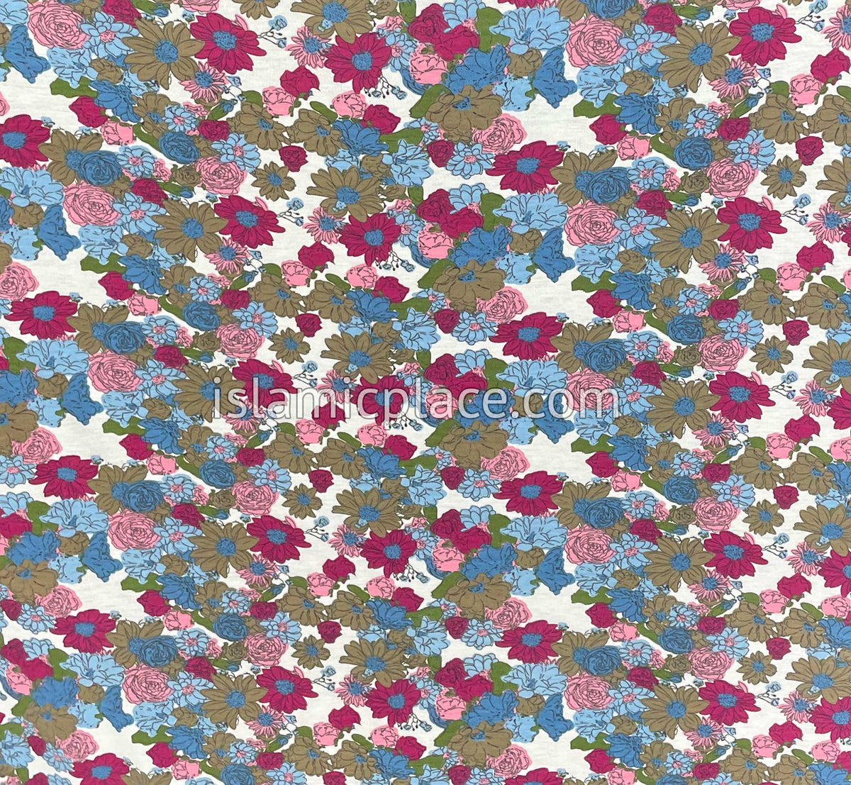 Shades of Pink, Blue, Green and Brown Floral Design on White Base - Printed Girl size (1-piece) Hijab Al-Amira