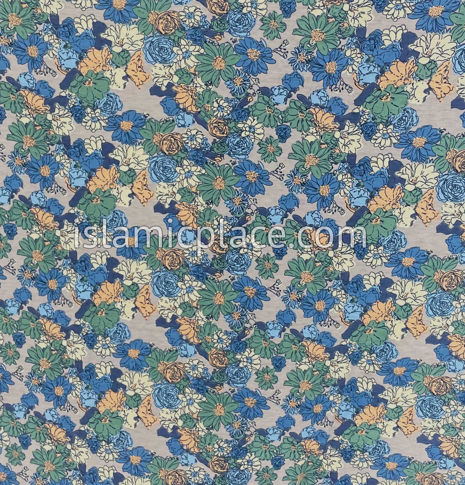 Shades of Blue, Ocean Green, and Yellow Floral Design on Gray Base - Printed Girl size (1-piece) Hijab Al-Amira