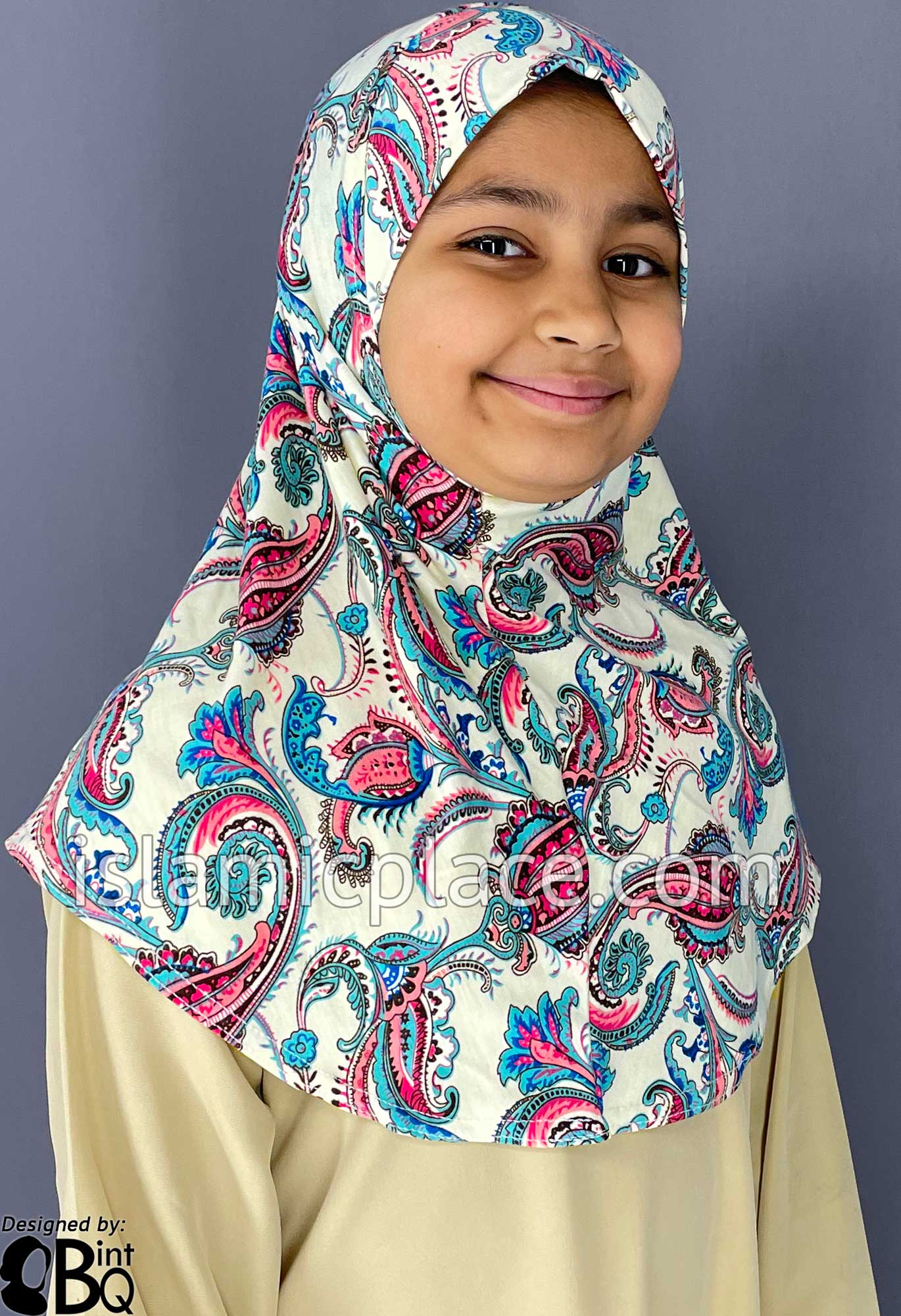 Ocean Green and Pink Paisley on Cream Base - Printed Girl size (1-piece) Hijab Al-Amira