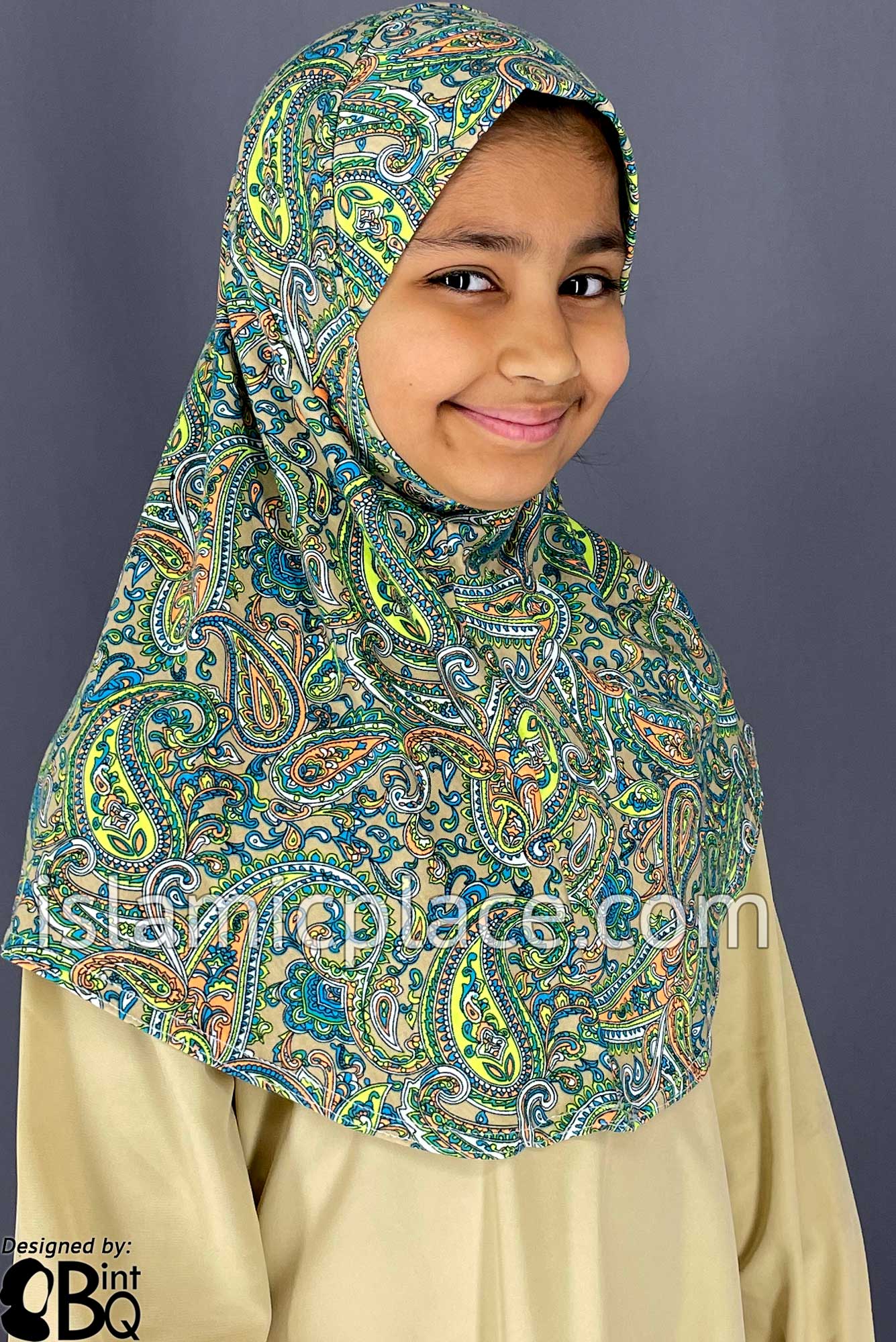 Shades of Green, Blue and Orange Paisley on Oyster Base - Printed Girl size (1-piece) Hijab Al-Amira