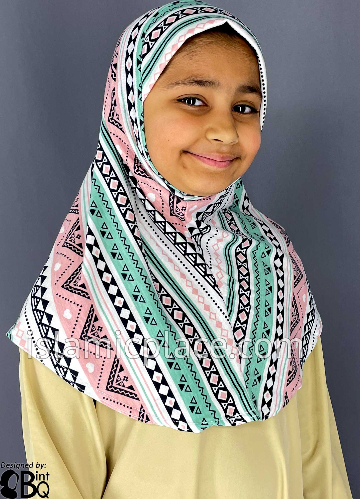 Mint Green, Pink and Black Aztec Pattern - Printed Girl size (1-piece) Hijab Al-Amira