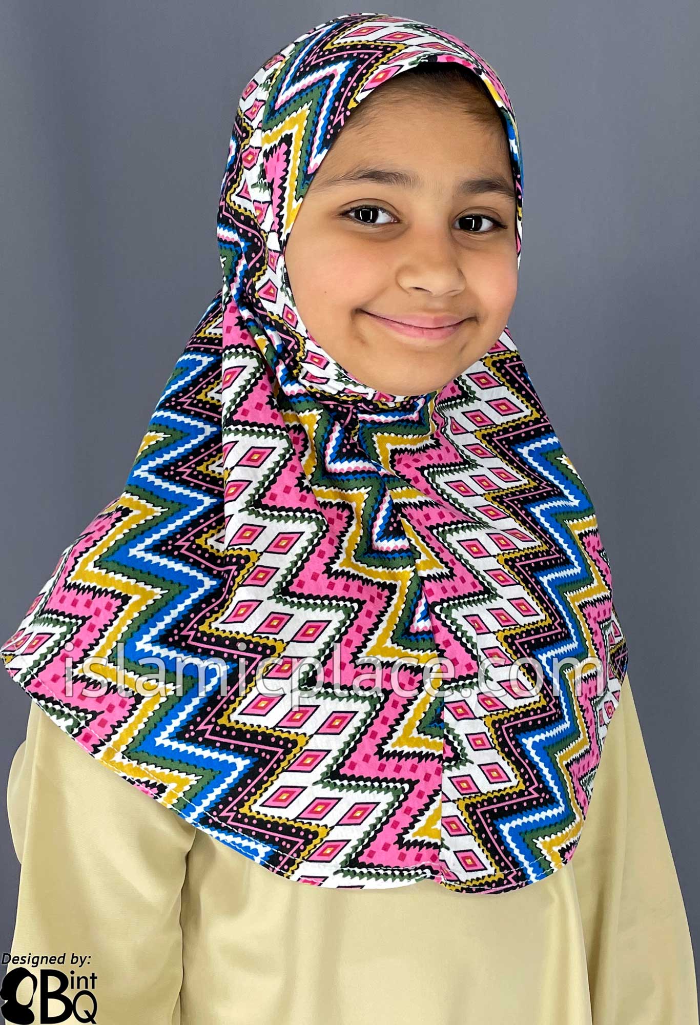 Bubblegum Pink, Mustard and Cobalt Blue Zigzag Design - Printed Girl size (1-piece) Hijab Al-Amira