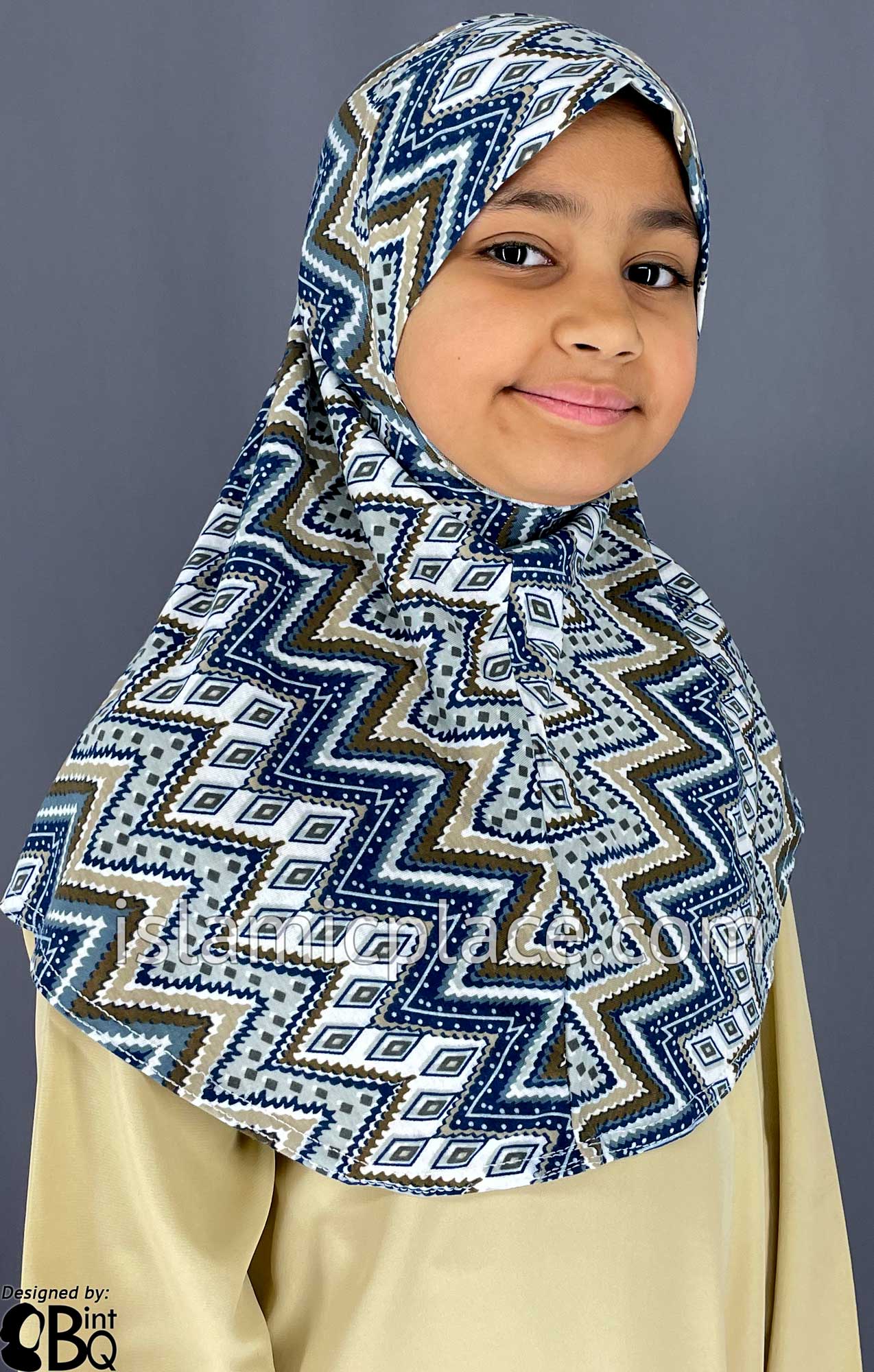 Navy Blue, Graphite Gray and Oyster Zigzag Design - Printed Girl size (1-piece) Hijab Al-Amira