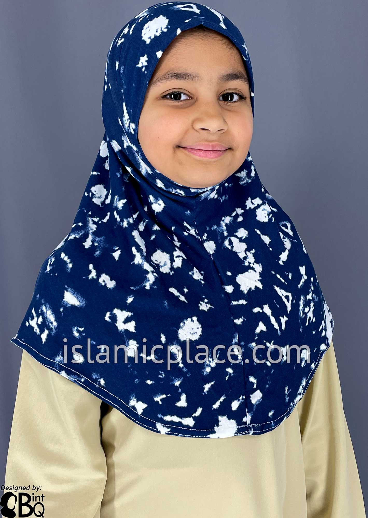 Navy Blue and White Smudges - Printed Girl size (1-piece) Hijab Al-Amira