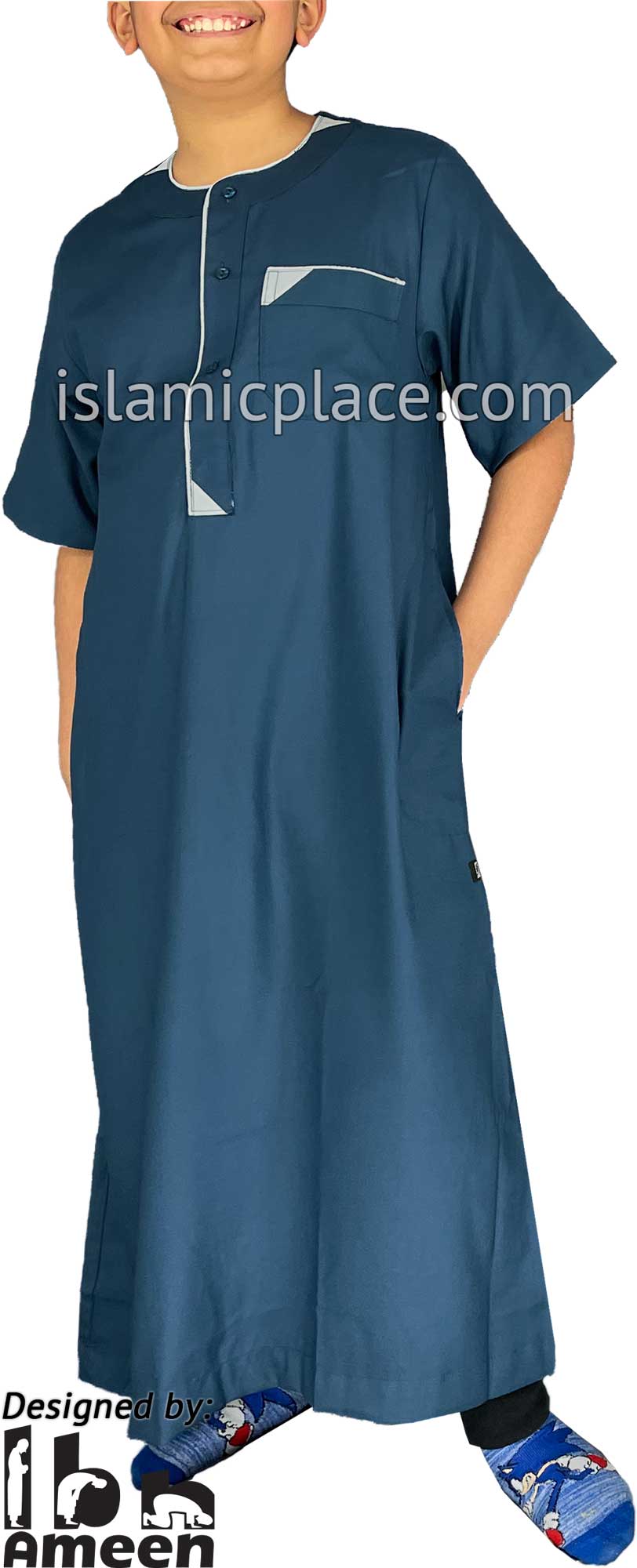 Dark Teal - Munir Style Boy Short Sleeve Thob by Ibn Ameen
