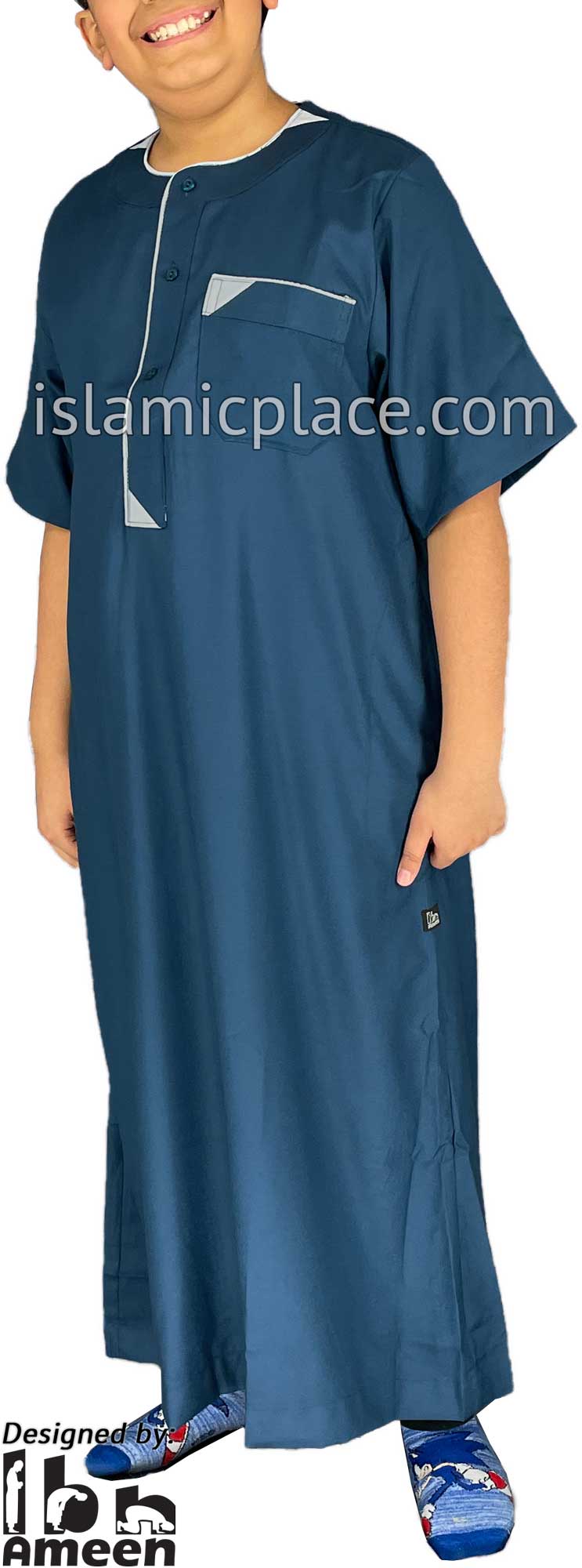 Dark Teal - Munir Style Boy Short Sleeve Thob by Ibn Ameen