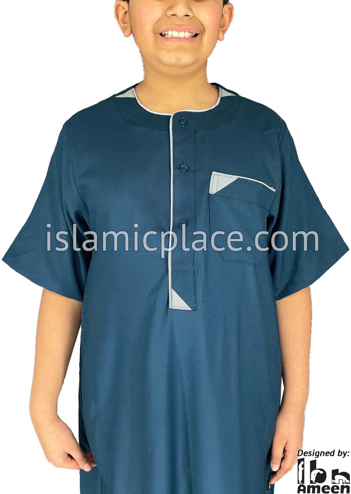 Dark Teal - Munir Style Boy Short Sleeve Thob by Ibn Ameen