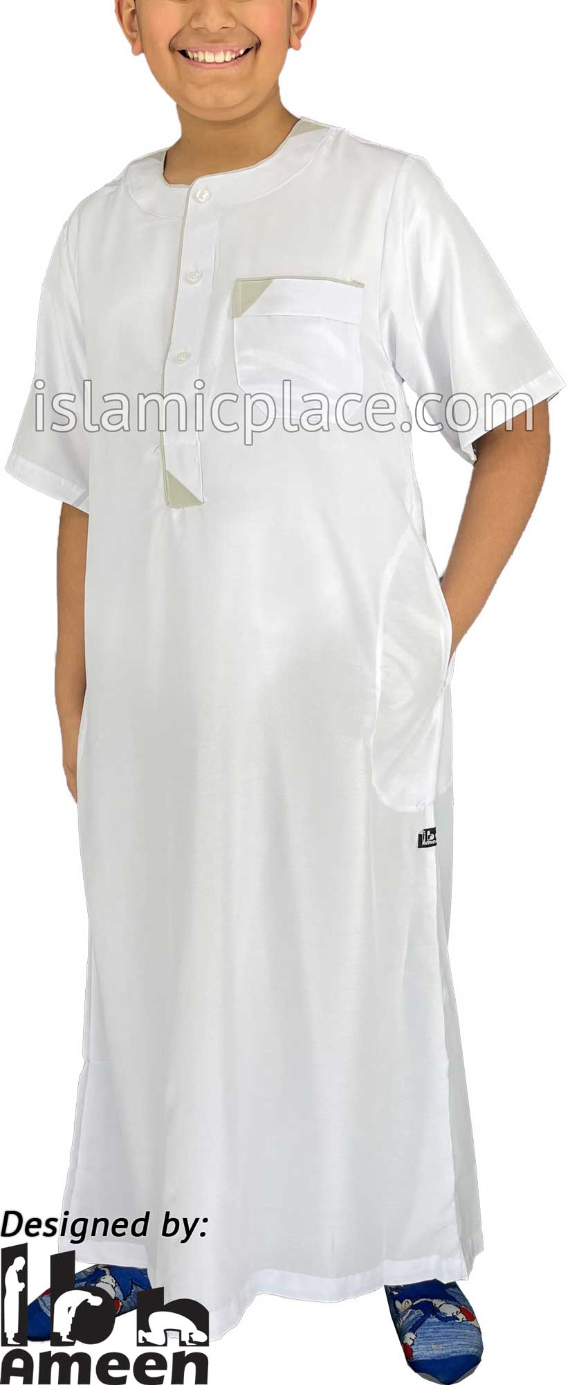 White - Munir Style Boy Short Sleeve Thob by Ibn Ameen