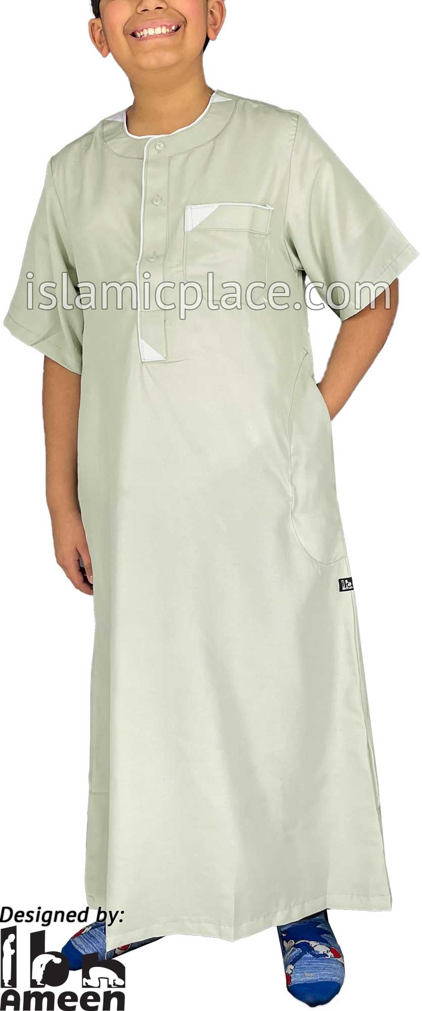 Sage Green - Munir Style Boy Short Sleeve Thob by Ibn Ameen