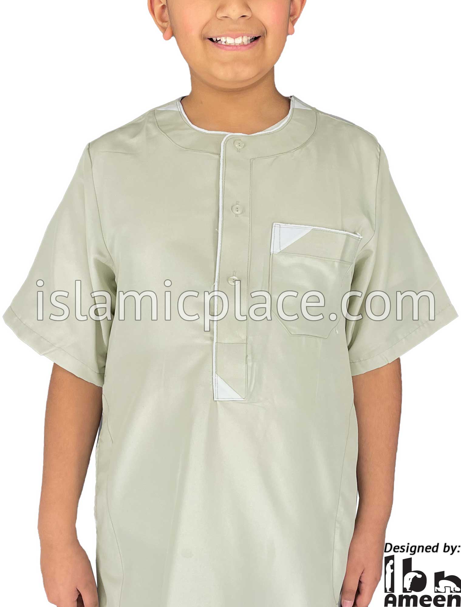 Sage Green - Munir Style Boy Short Sleeve Thob by Ibn Ameen