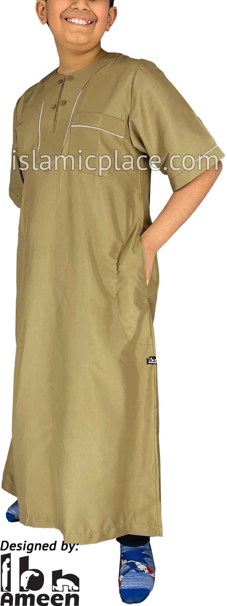 Dark Khaki - Ibrahim Style Boy Short Sleeve Thob by Ibn Ameen