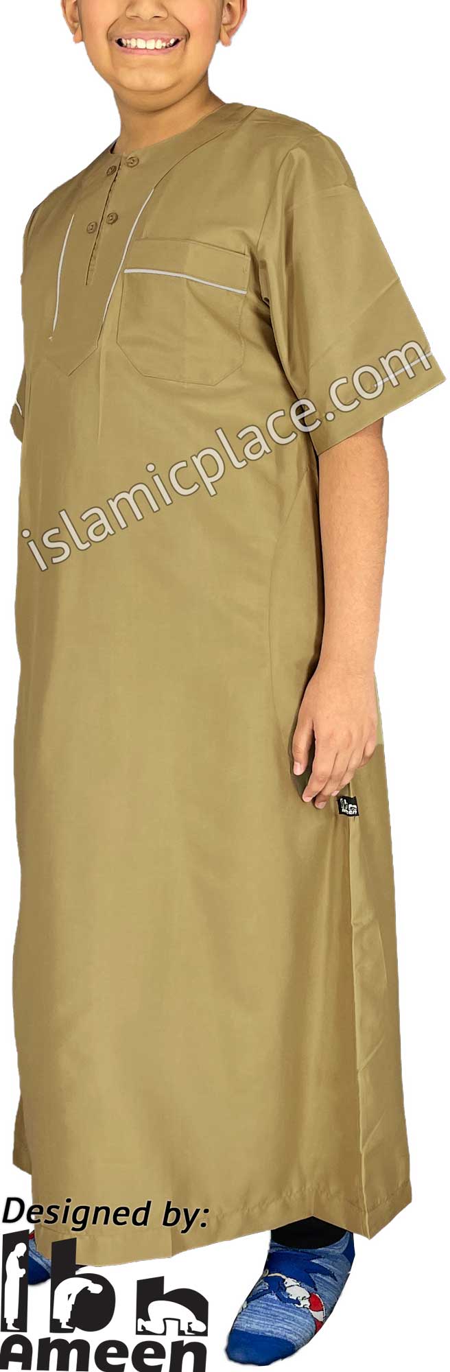 Dark Khaki - Ibrahim Style Boy Short Sleeve Thob by Ibn Ameen