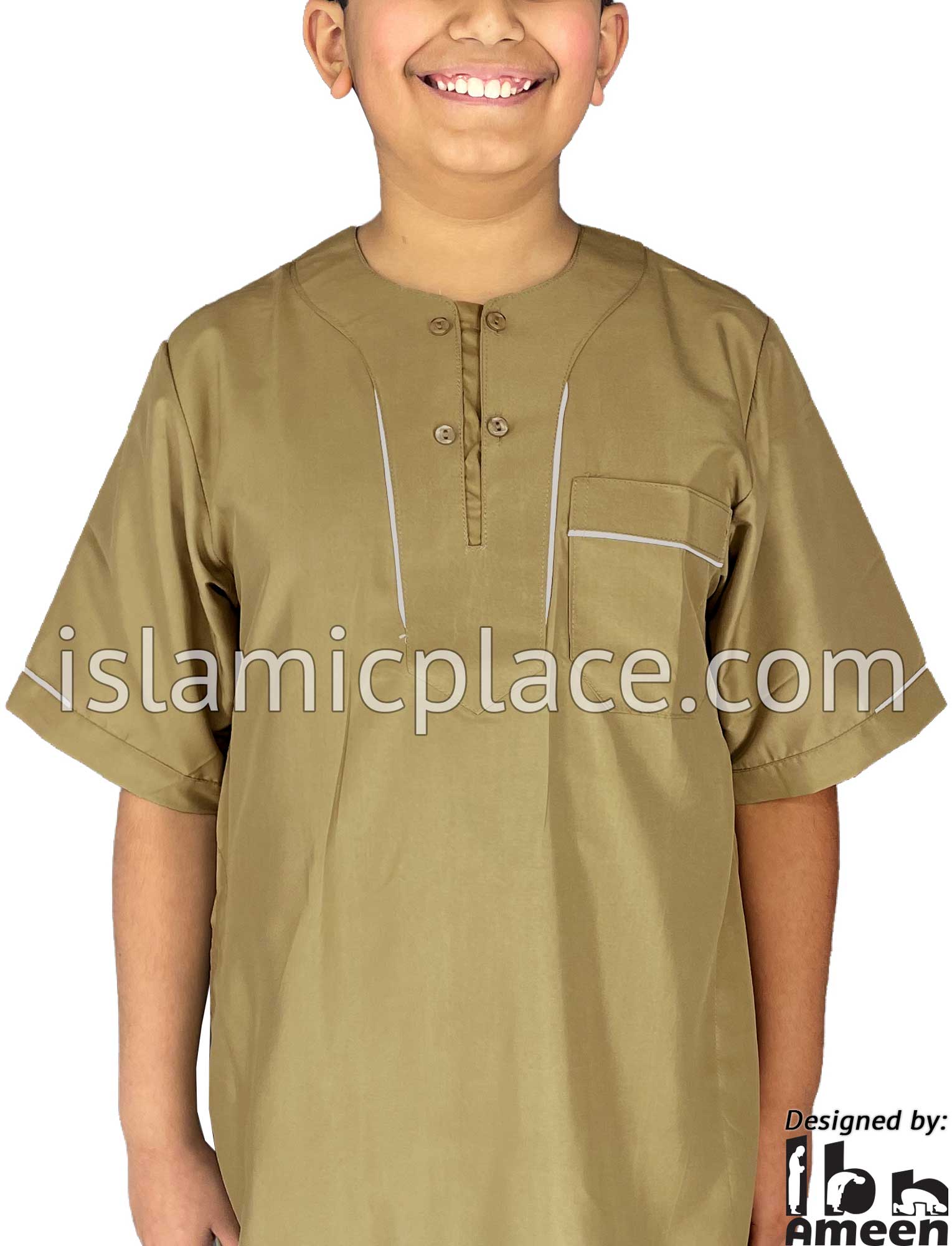 Dark Khaki - Ibrahim Style Boy Short Sleeve Thob by Ibn Ameen