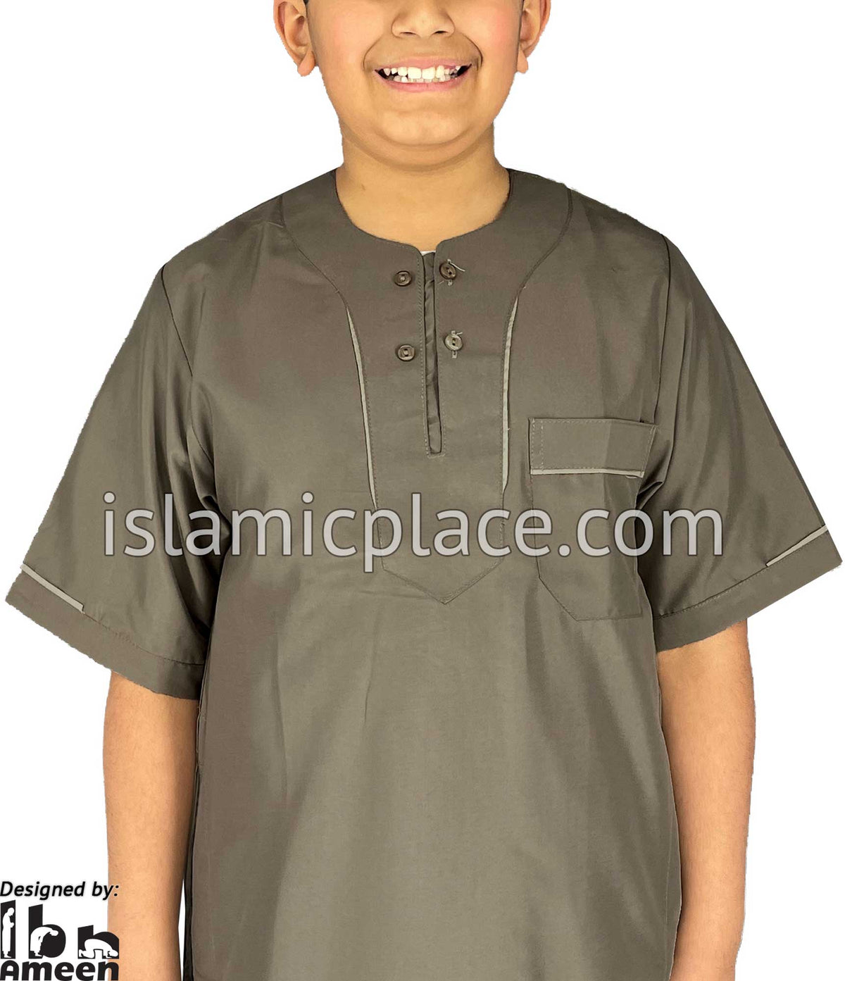 Taupe - Ibrahim Style Boy Short Sleeve Thob by Ibn Ameen