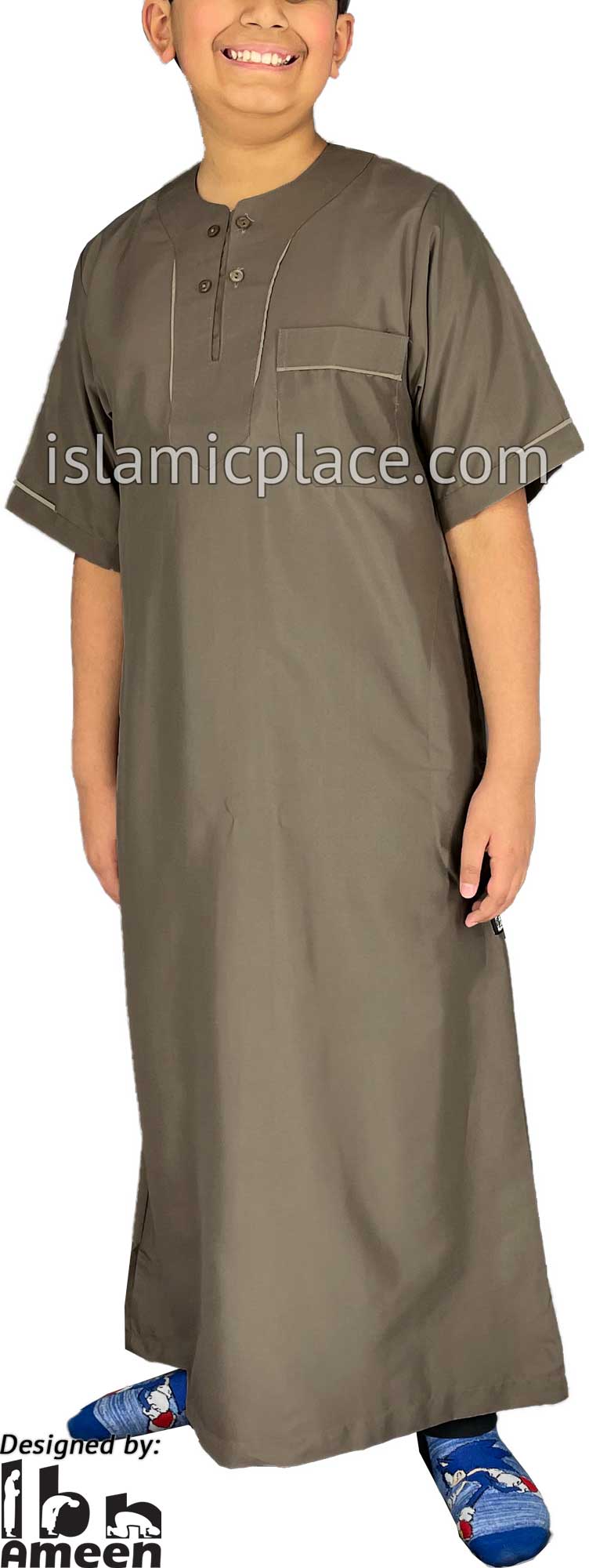 Taupe - Ibrahim Style Boy Short Sleeve Thob by Ibn Ameen